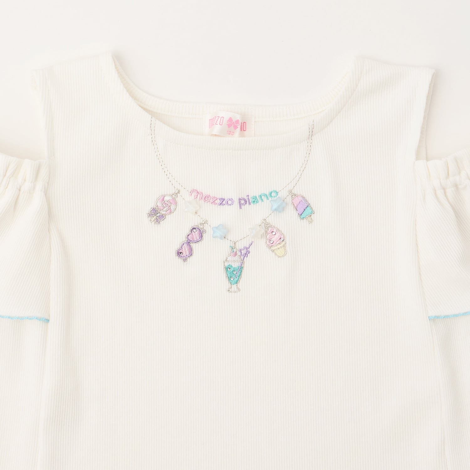 メゾピアノ mezzo piano ネックレス刺しゅう 肩開き2way 半袖Tシャツ （ミント） ミント
