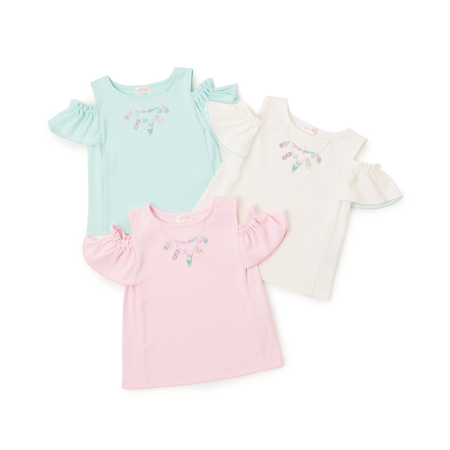 メゾピアノ mezzo piano ネックレス刺しゅう 肩開き2way 半袖Tシャツ （ミント） ミント