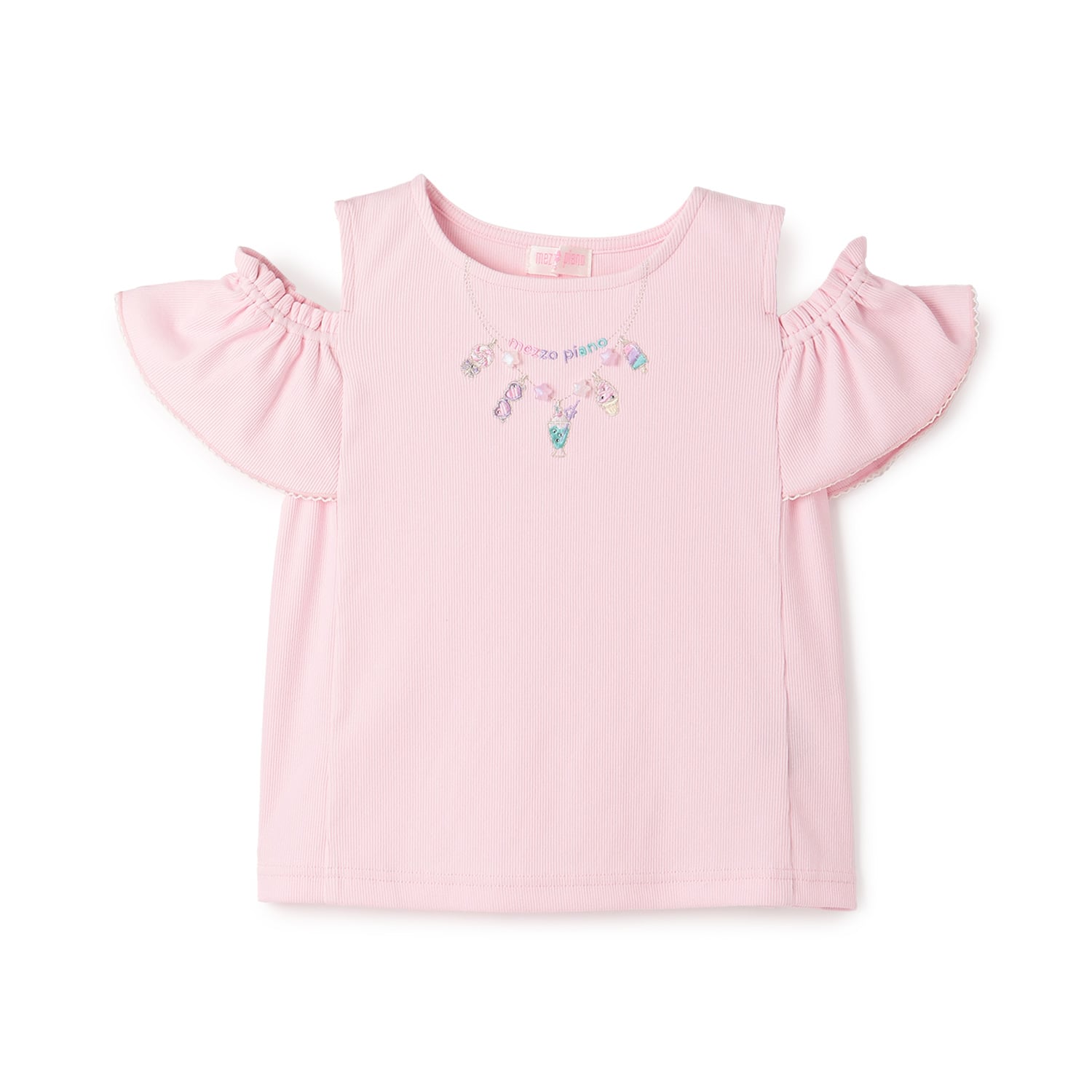 メゾピアノ mezzo piano ネックレス刺しゅう 肩開き2way 半袖Tシャツ （ミント） ミント