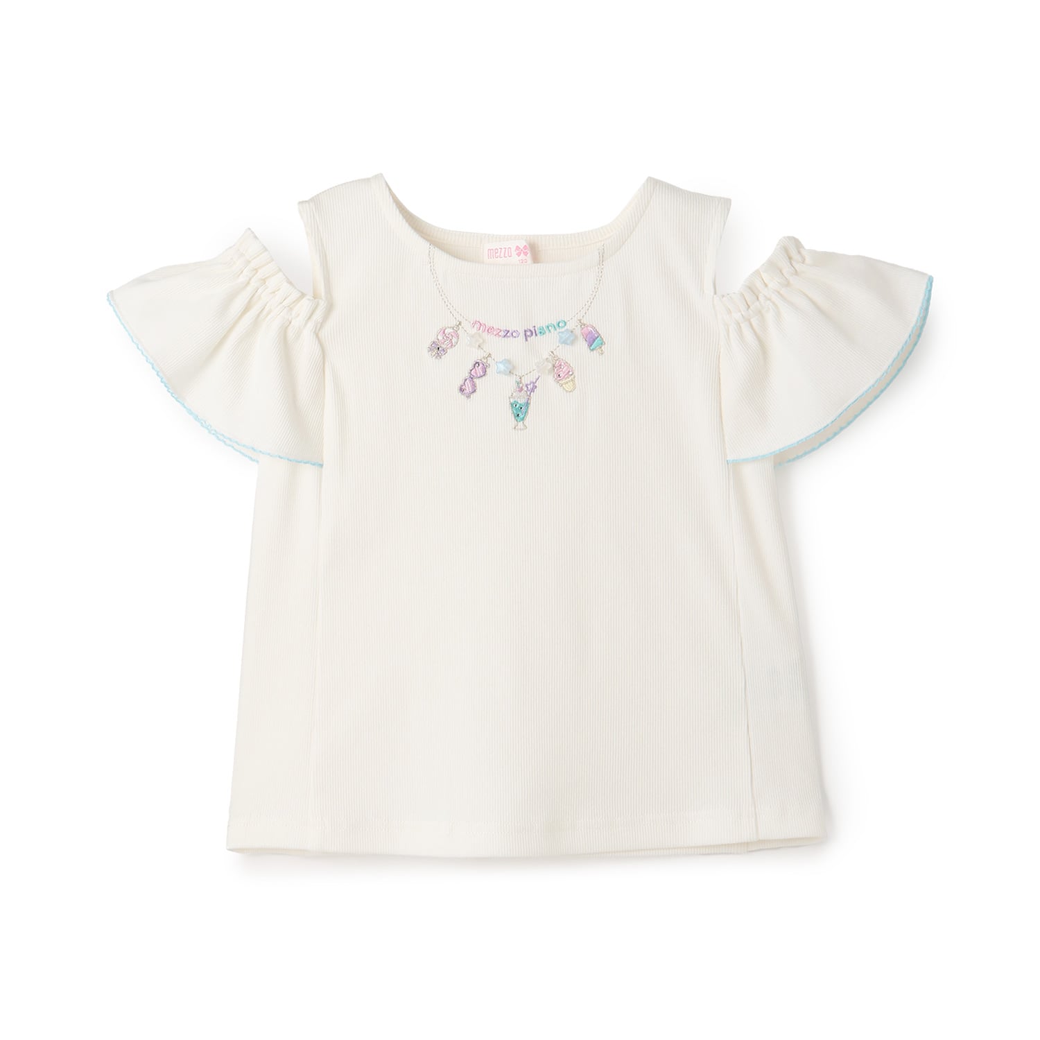 メゾピアノ mezzo piano ネックレス刺しゅう 肩開き2way 半袖Tシャツ （ミント） ミント