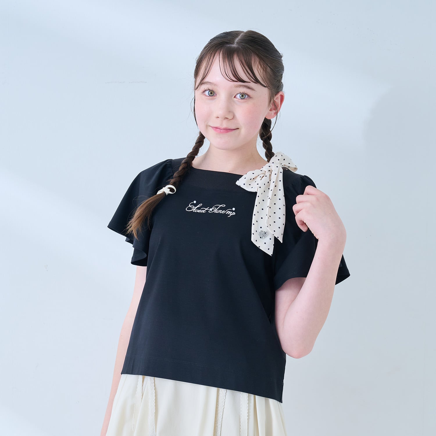 メゾピアノジュニア mezzo piano junior 【接触冷感】フレアスリーブリボンTシャツ （黒） 黒
