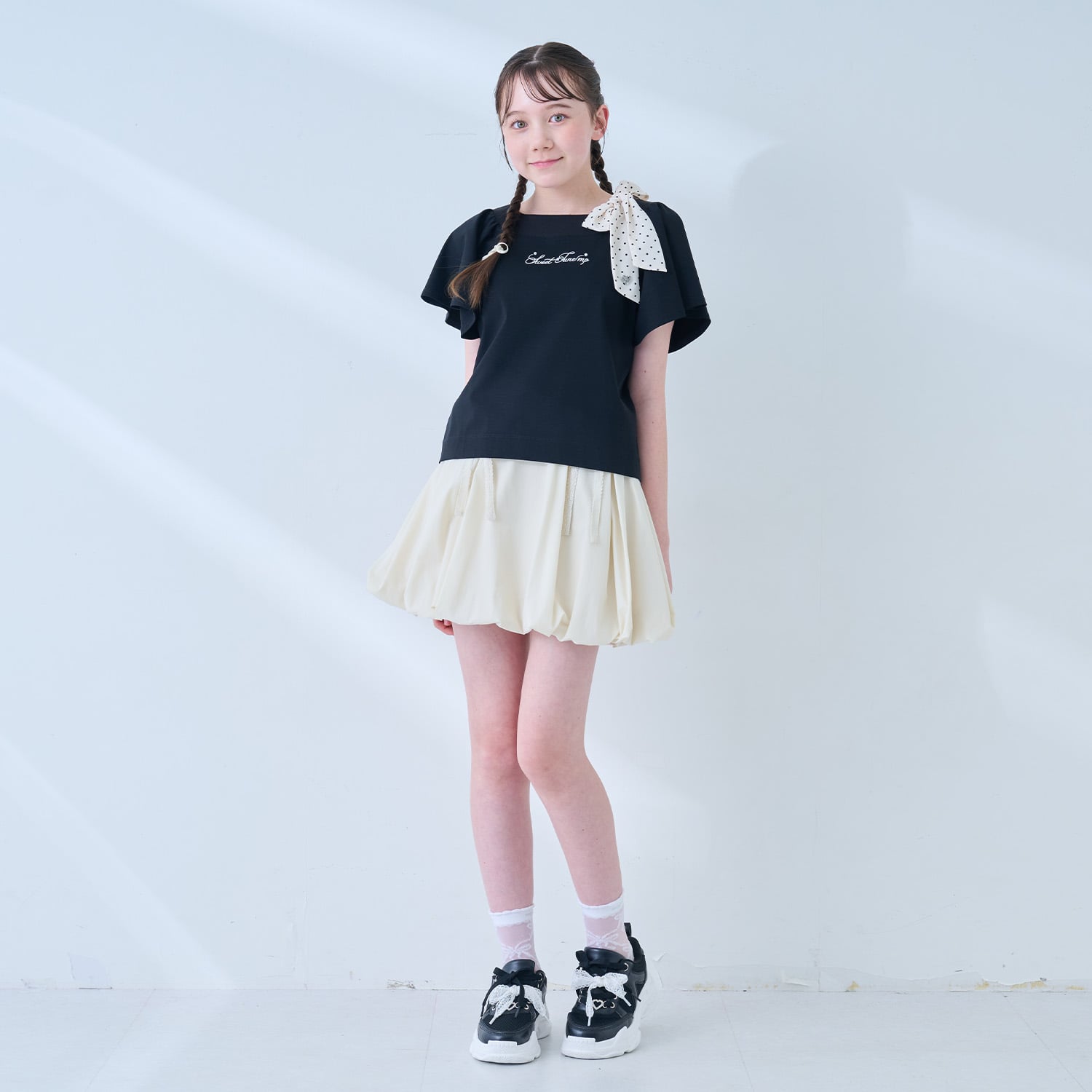 メゾピアノジュニア mezzo piano junior 【接触冷感】フレアスリーブリボンTシャツ （黒） 黒
