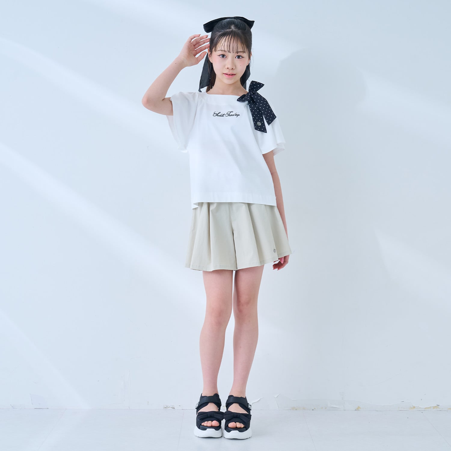 メゾピアノジュニア mezzo piano junior 【接触冷感】フレアスリーブリボンTシャツ （黒） 黒