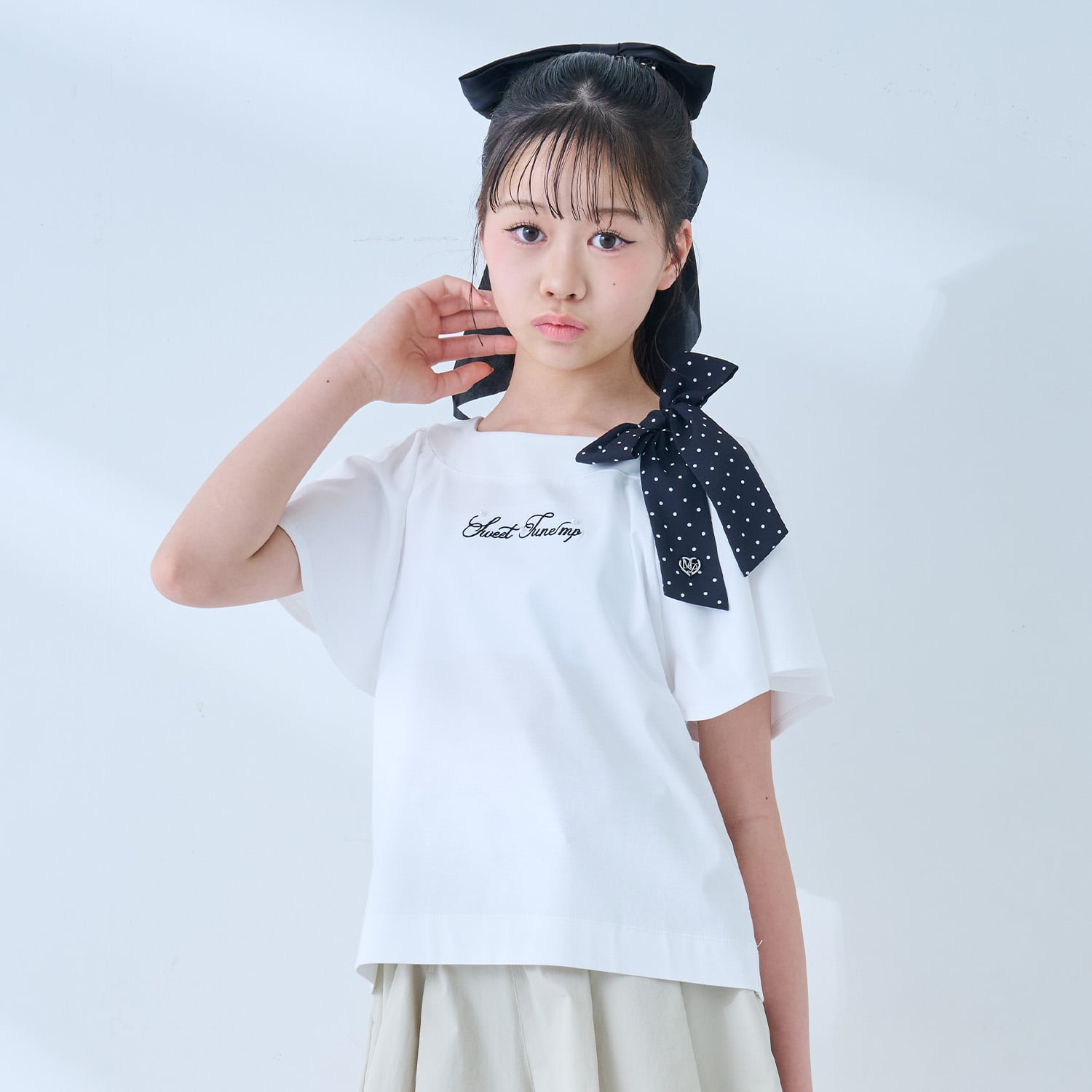 メゾピアノジュニア mezzo piano junior 【接触冷感】フレアスリーブリボンTシャツ （オフ ホワイト） オフ ホワイト
