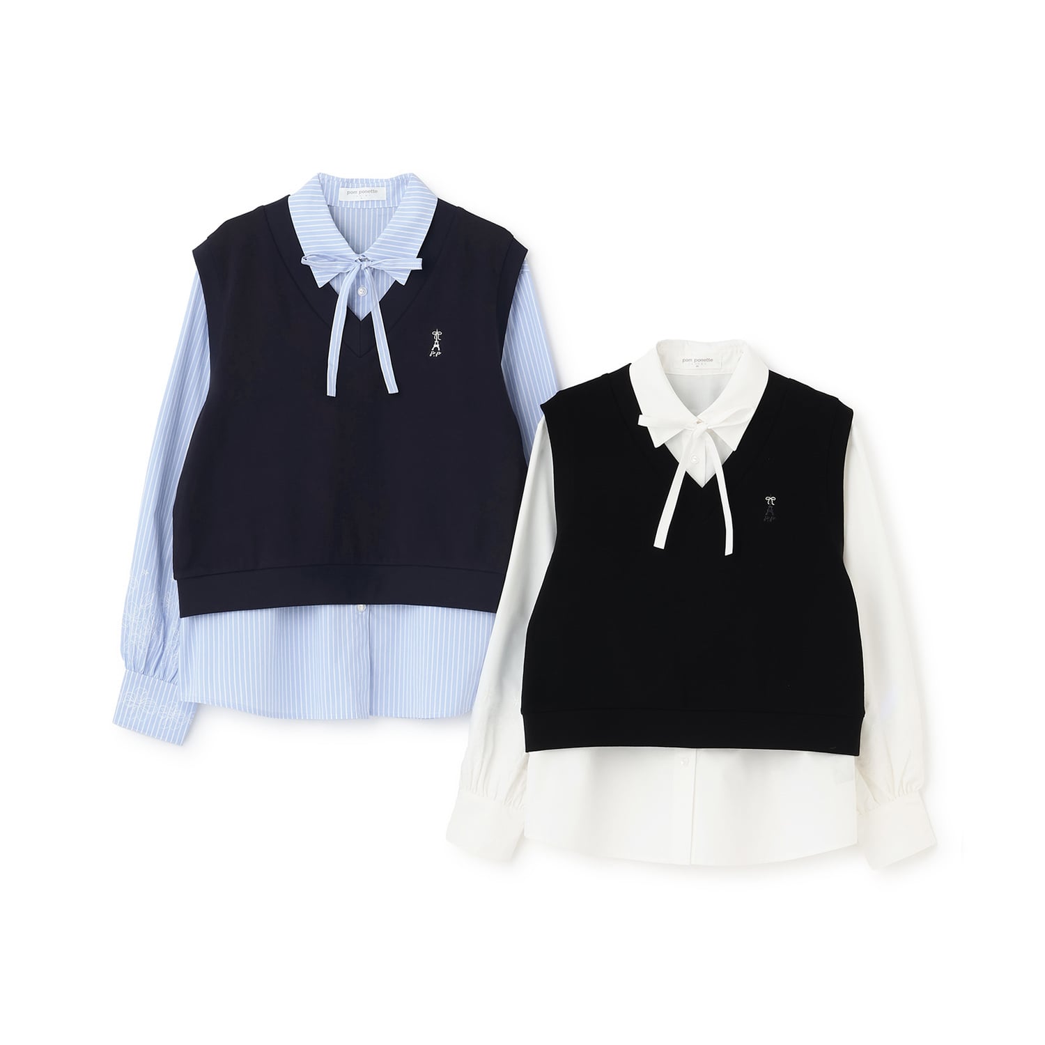 ポンポネットジュニア pom ponette junior カットソーベスト＆刺しゅうブラウスセット （黒） 黒