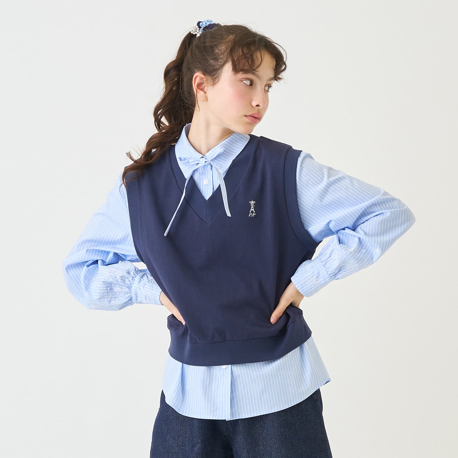 ポンポネットジュニア pom ponette junior カットソーベスト＆刺しゅうブラウスセット （紺） 紺