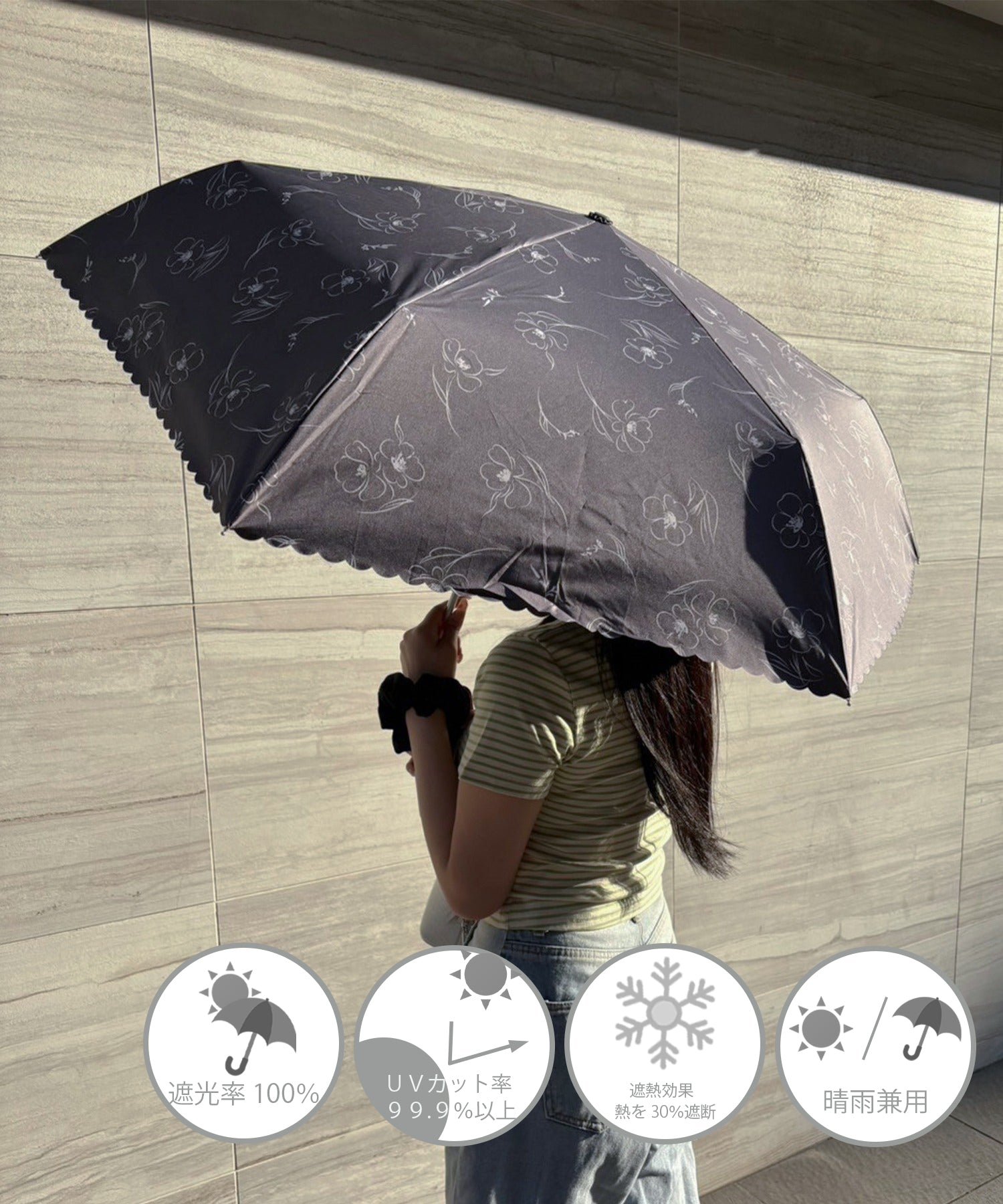 オールウェイグッドタイムニューベーシックストア ALWAYS GOOD TIME NEW BASIC STORE 【一級遮光・晴雨兼用】UV折たたみ傘/日傘 リリカ （チャコールグレー） チャコールグレー