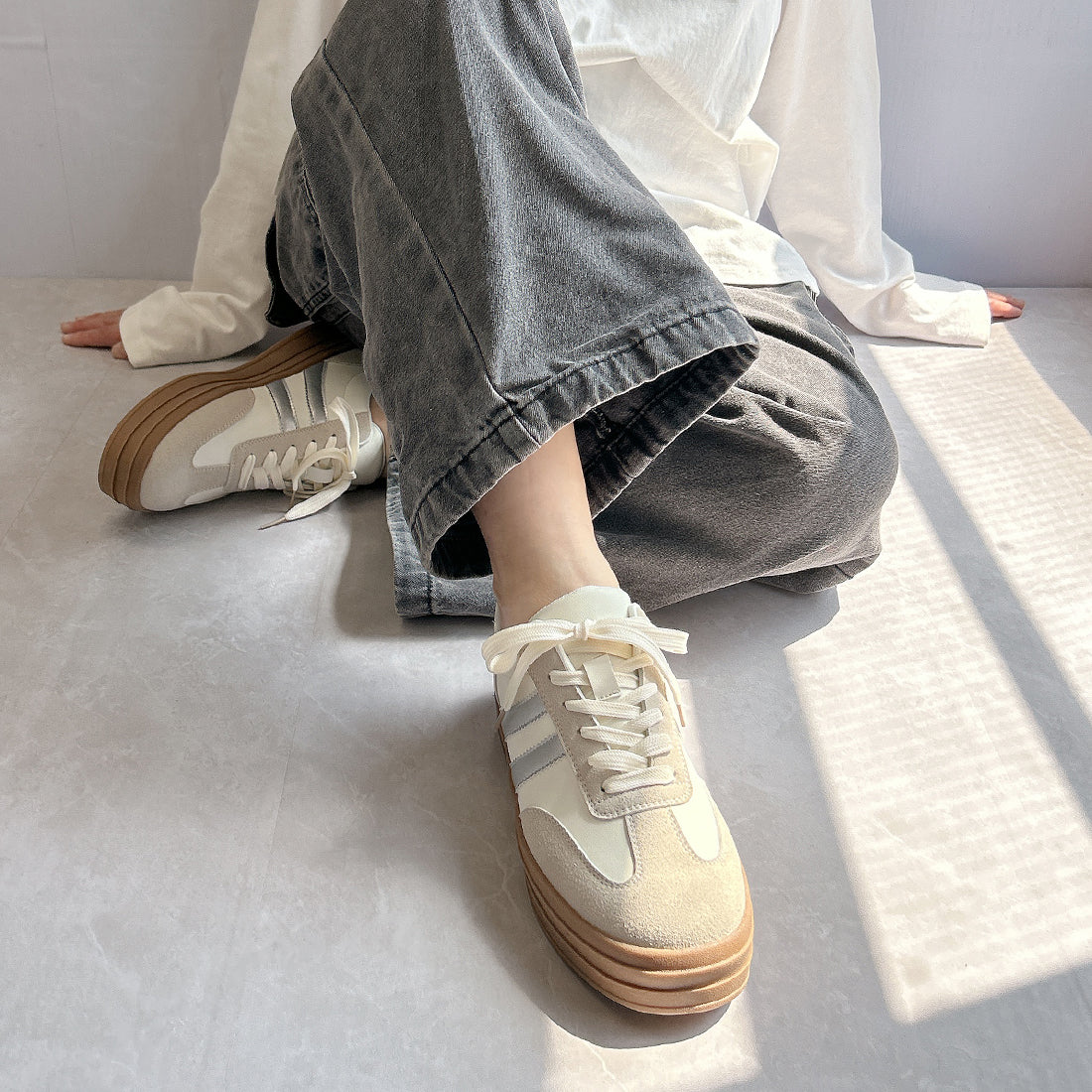 ヌーベル ヴォーグ リラックス Noubel Voug Relax 異素材コンビ ダブルライン プラットフォームスニーカー （ホワイト/シルバー） ホワイト/シルバー
