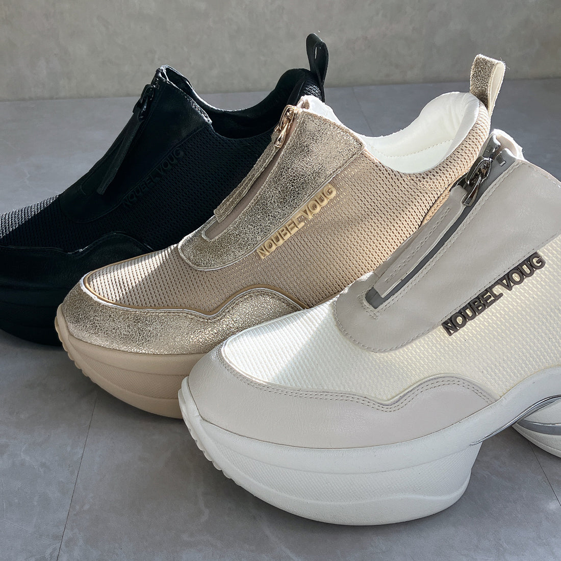 ヌーベル ヴォーグ リラックス Noubel Voug Relax 上品スニーカー サッと履ける フロントジッパー厚底スニーカー （シャンパン） シャンパン