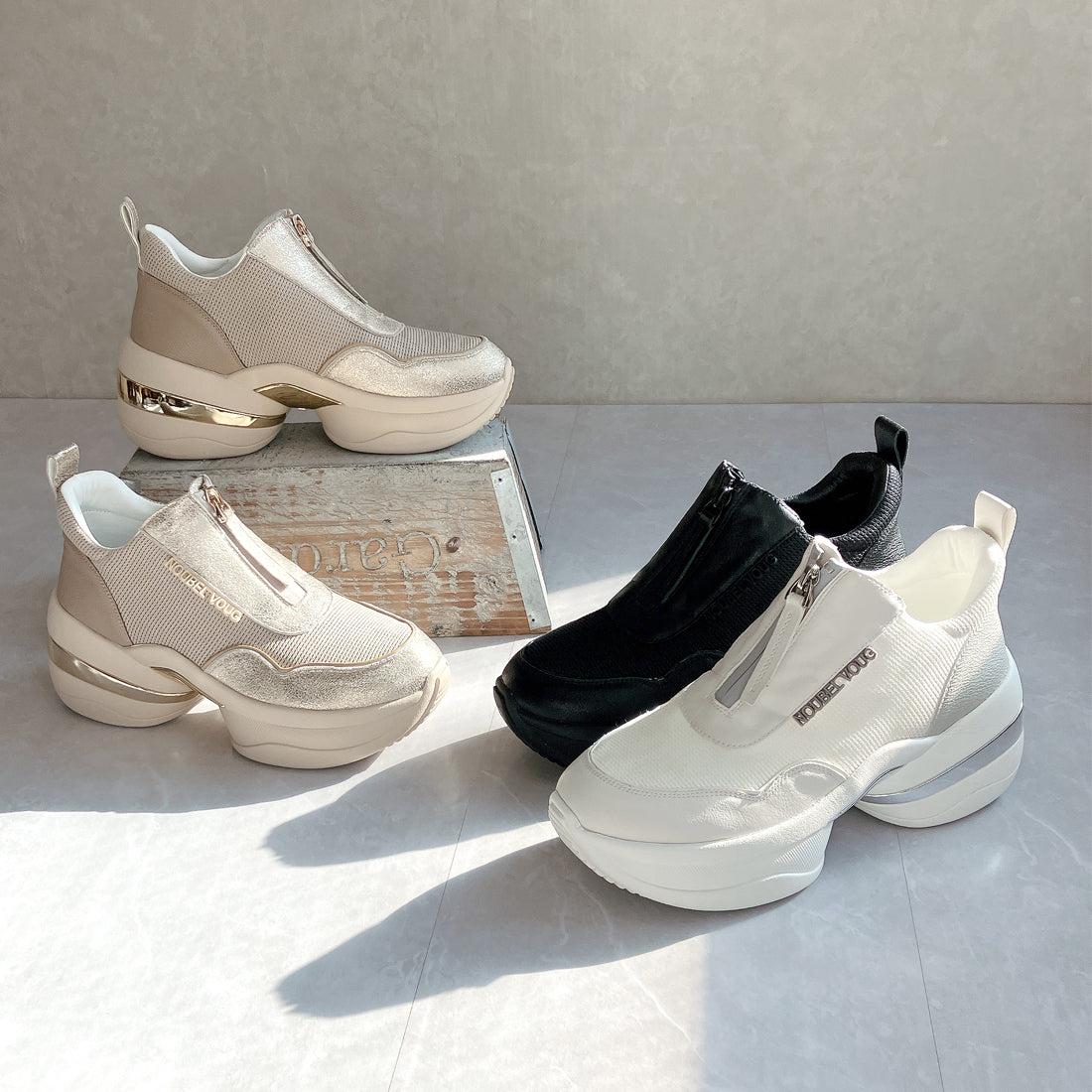 ヌーベル ヴォーグ リラックス Noubel Voug Relax 上品スニーカー サッと履ける フロントジッパー厚底スニーカー （シャンパン） シャンパン