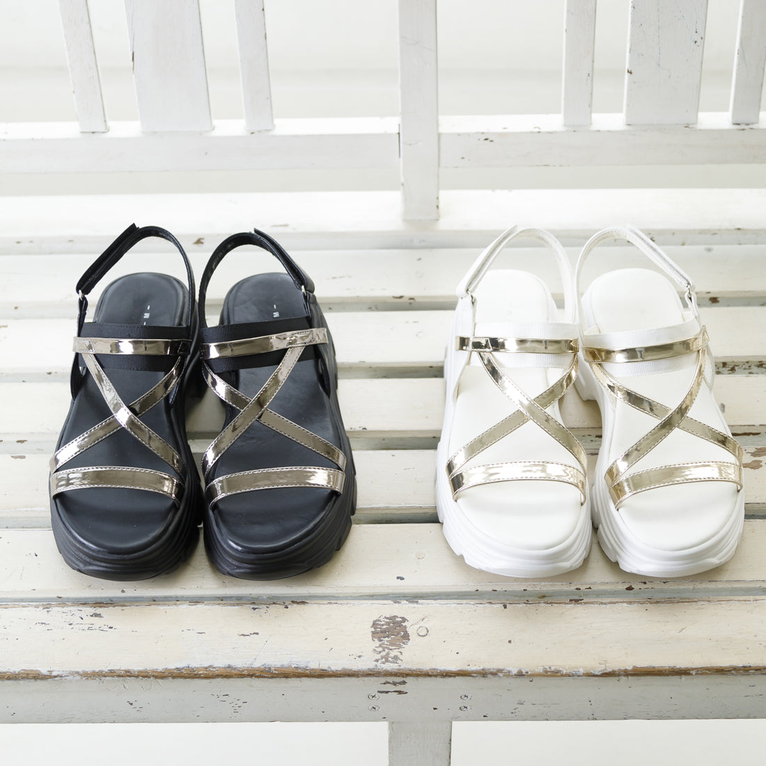 ヌーベル ヴォーグ リラックス Noubel Voug Relax ゴールドストラップボリュームソールスポーツサンダル （ホワイト） ホワイト