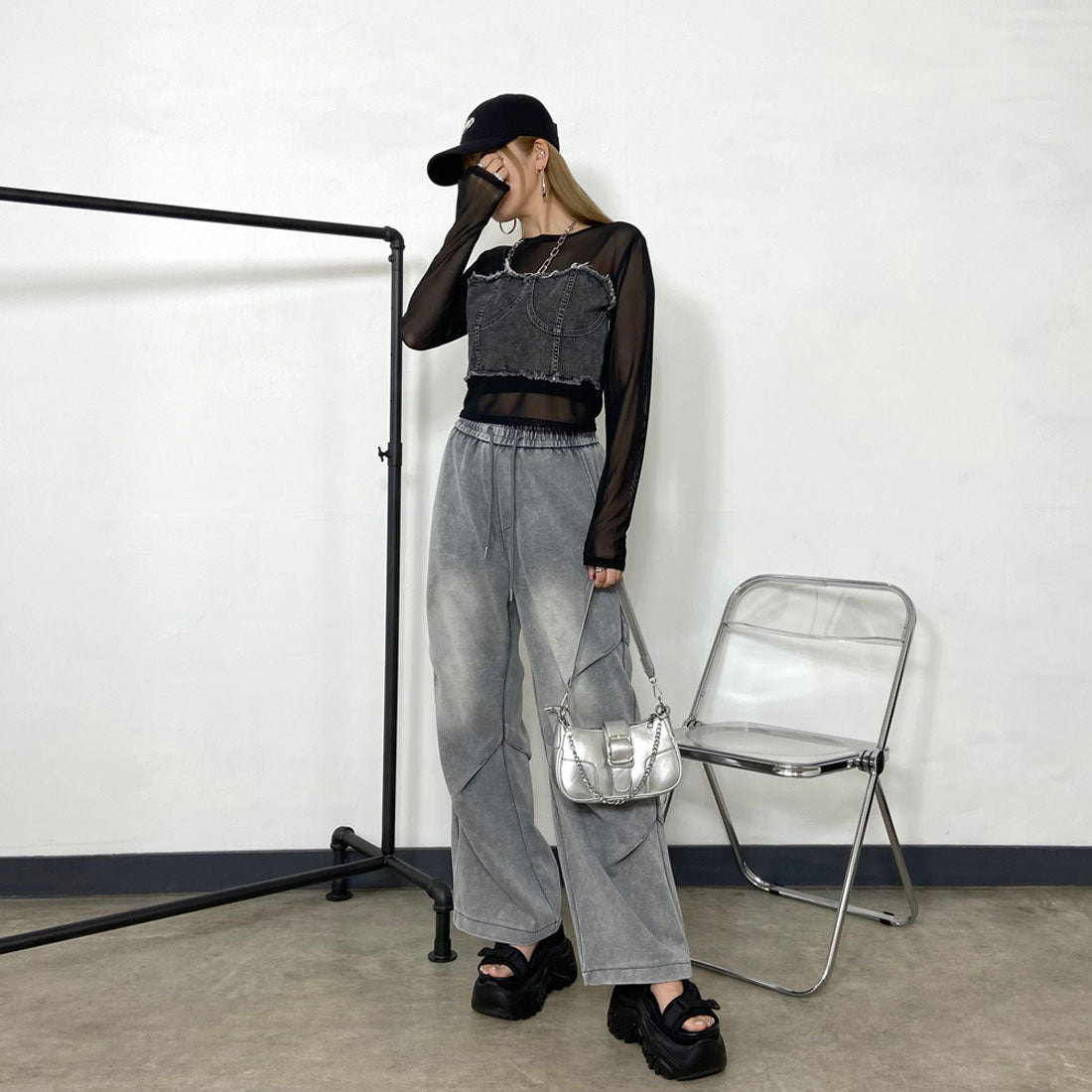 Non-hedge denim sheer switch top