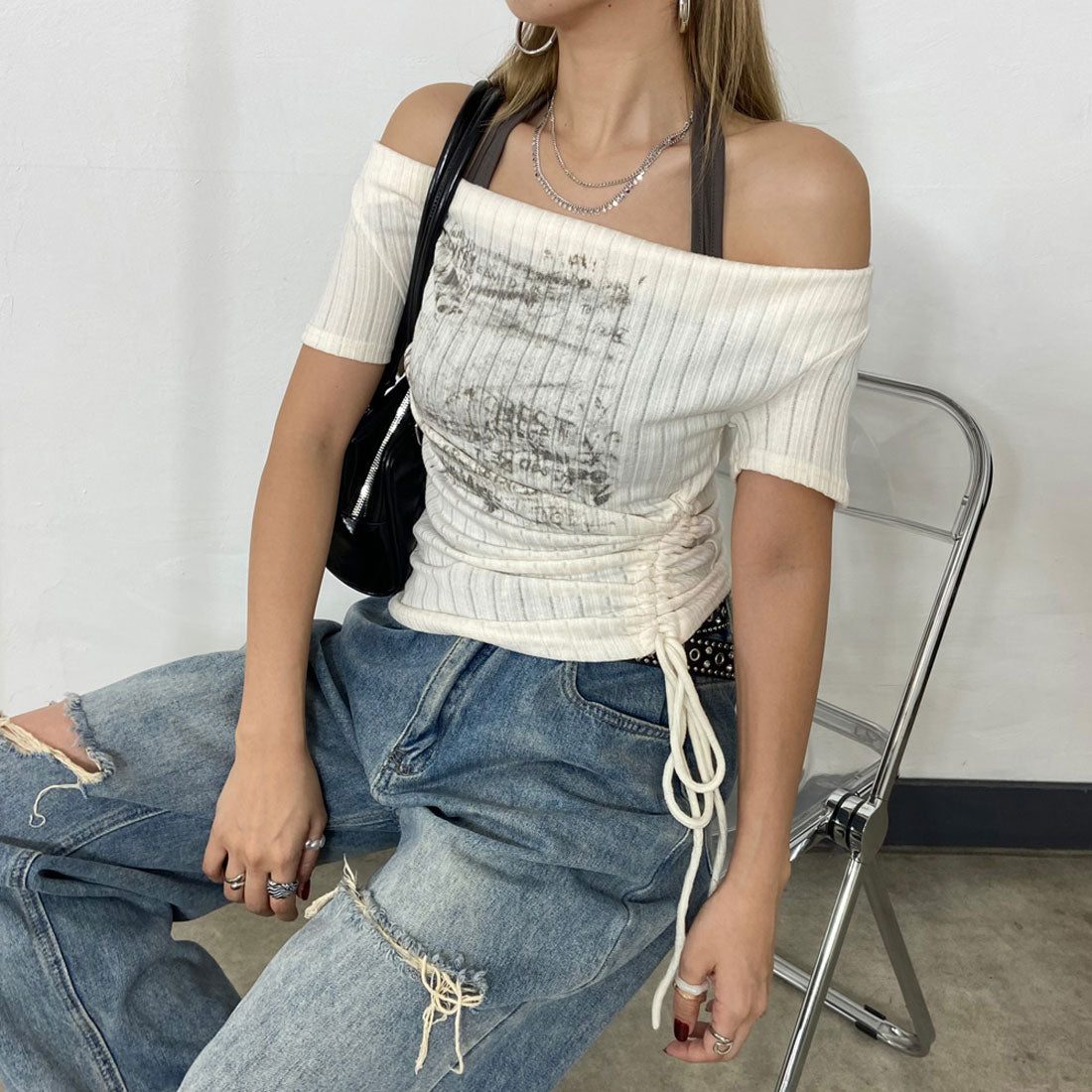 ノンヘッジ non-hedge アンサンブル風ロゴサイドドロストトップス （ブラック） ブラック