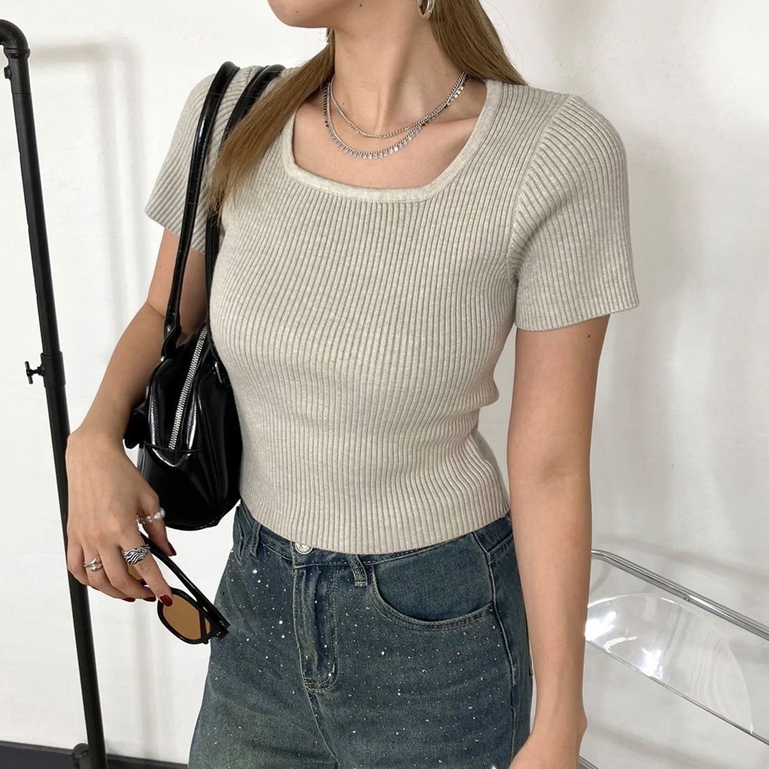 ノンヘッジ non-hedge スクエアリブニットT （チャコール） チャコール