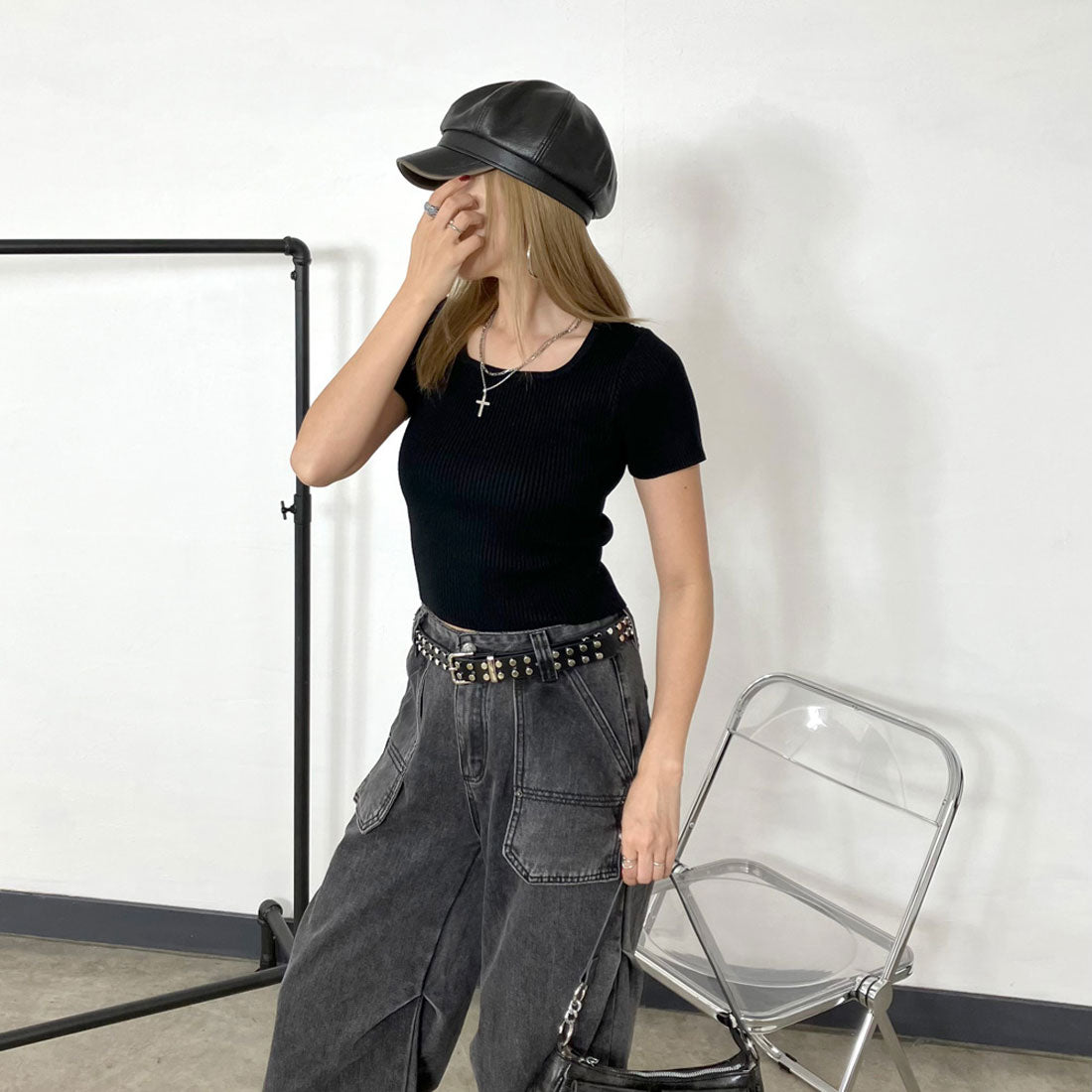 ノンヘッジ non-hedge スクエアリブニットT （チャコール） チャコール