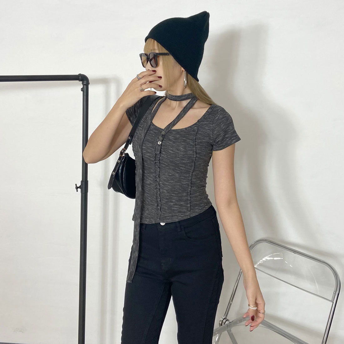 ノンヘッジ non-hedge ミックスニットソーチョーカー付き （ブラック） ブラック