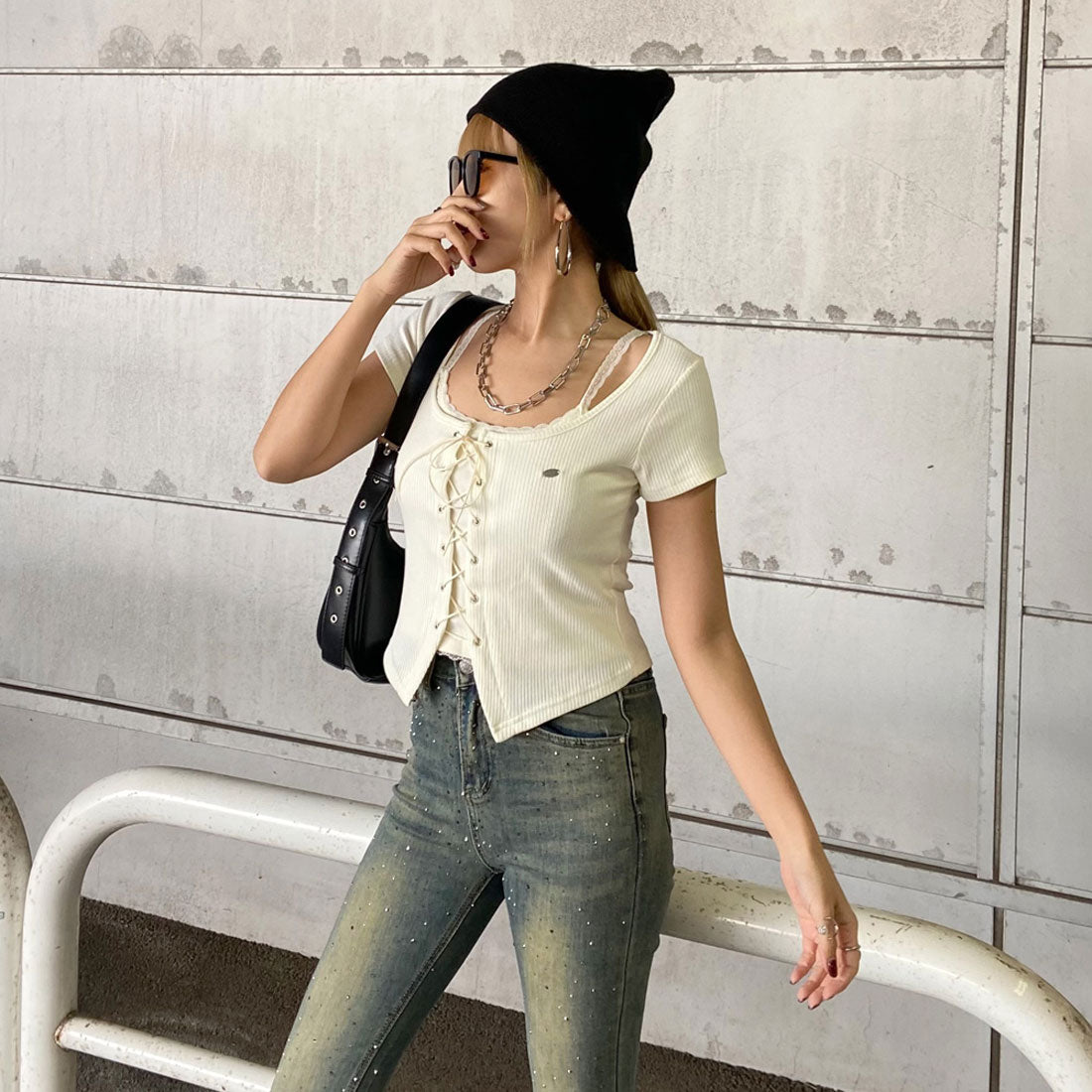 ノンヘッジ non-hedge レースタンクアンサンブル風トップス （ベージュ） ベージュ