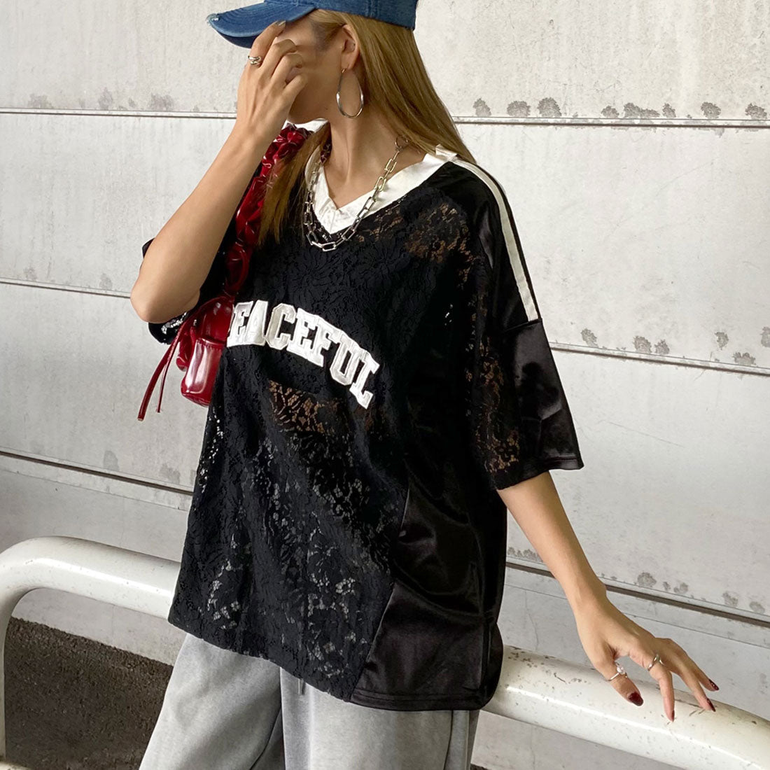 ノンヘッジ non-hedge レースロゴビッグトップス （ブラック） ブラック