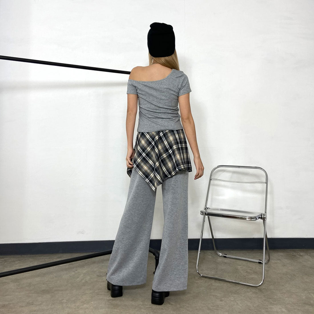 ノンヘッジ non-hedge Tシャツ・チェックレイヤード付きワイドパンツセットアップ （ブラック） ブラック