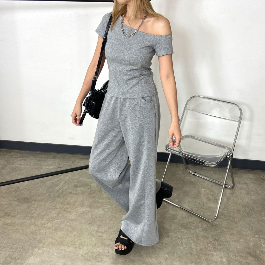 ノンヘッジ non-hedge Tシャツ・チェックレイヤード付きワイドパンツセットアップ （ブラック） ブラック