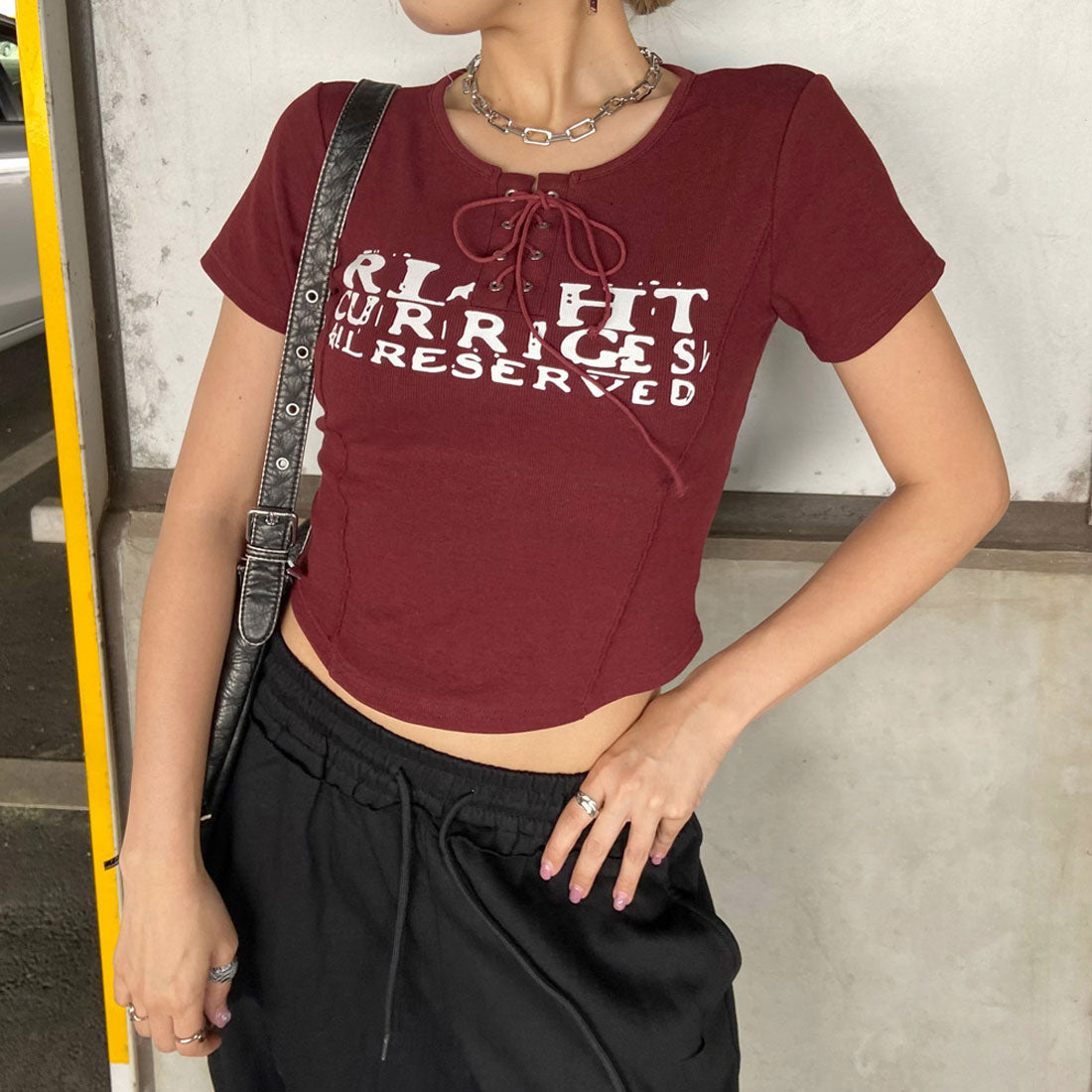 トップス f_ma Knit top with front lace-up for fall