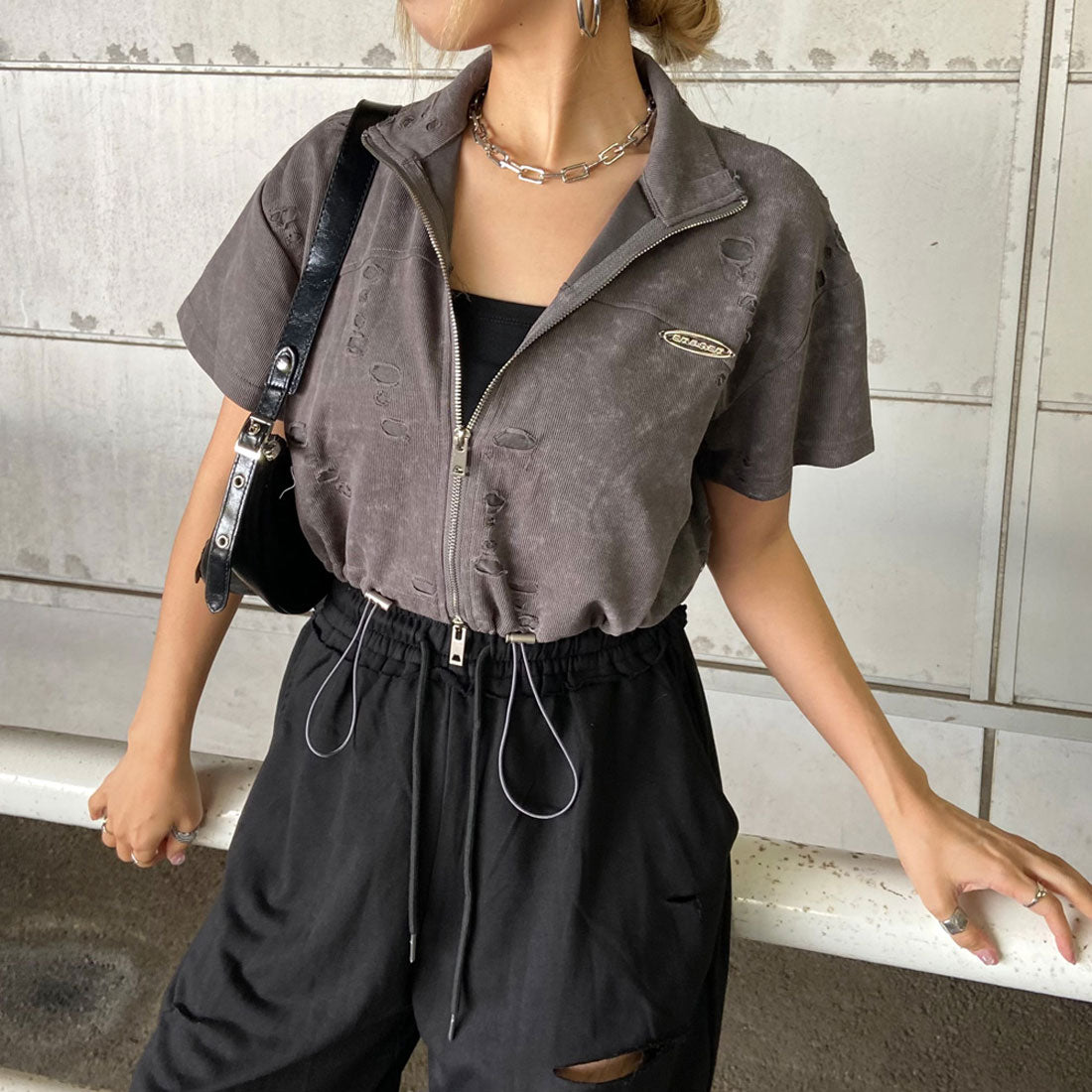 ノンヘッジ non-hedge プレートダメージWZIPトップス （チャコール） チャコール