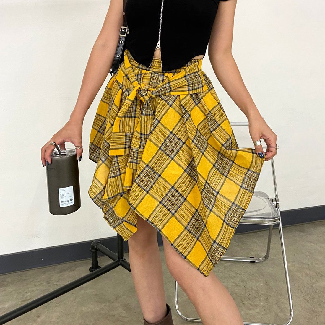 ノンヘッジ non-hedge チェックイレヘムスカート （ネイビー） ネイビー