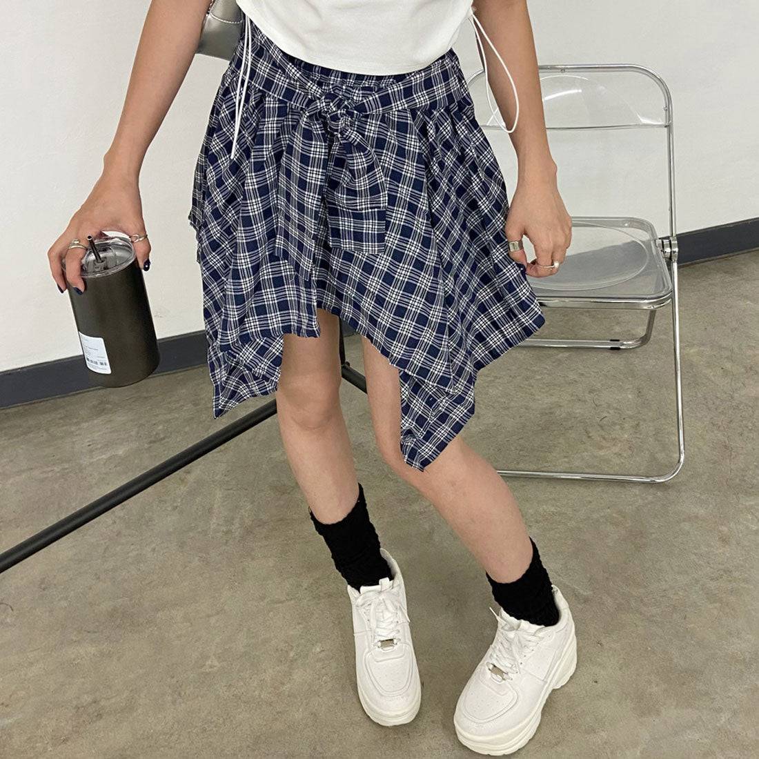 ノンヘッジ non-hedge チェックイレヘムスカート （ネイビー） ネイビー