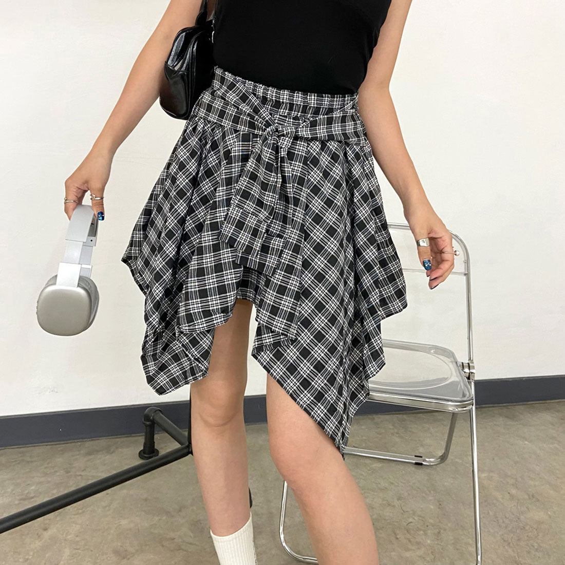 ノンヘッジ non-hedge チェックイレヘムスカート （ネイビー） ネイビー