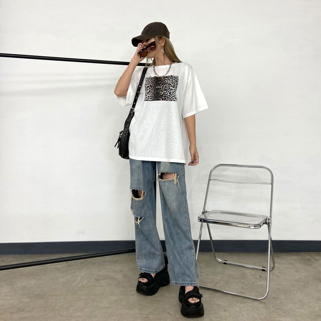 ノンヘッジ non-hedge ヒョウ柄ビッグTシャツ （ブラック） ブラック
