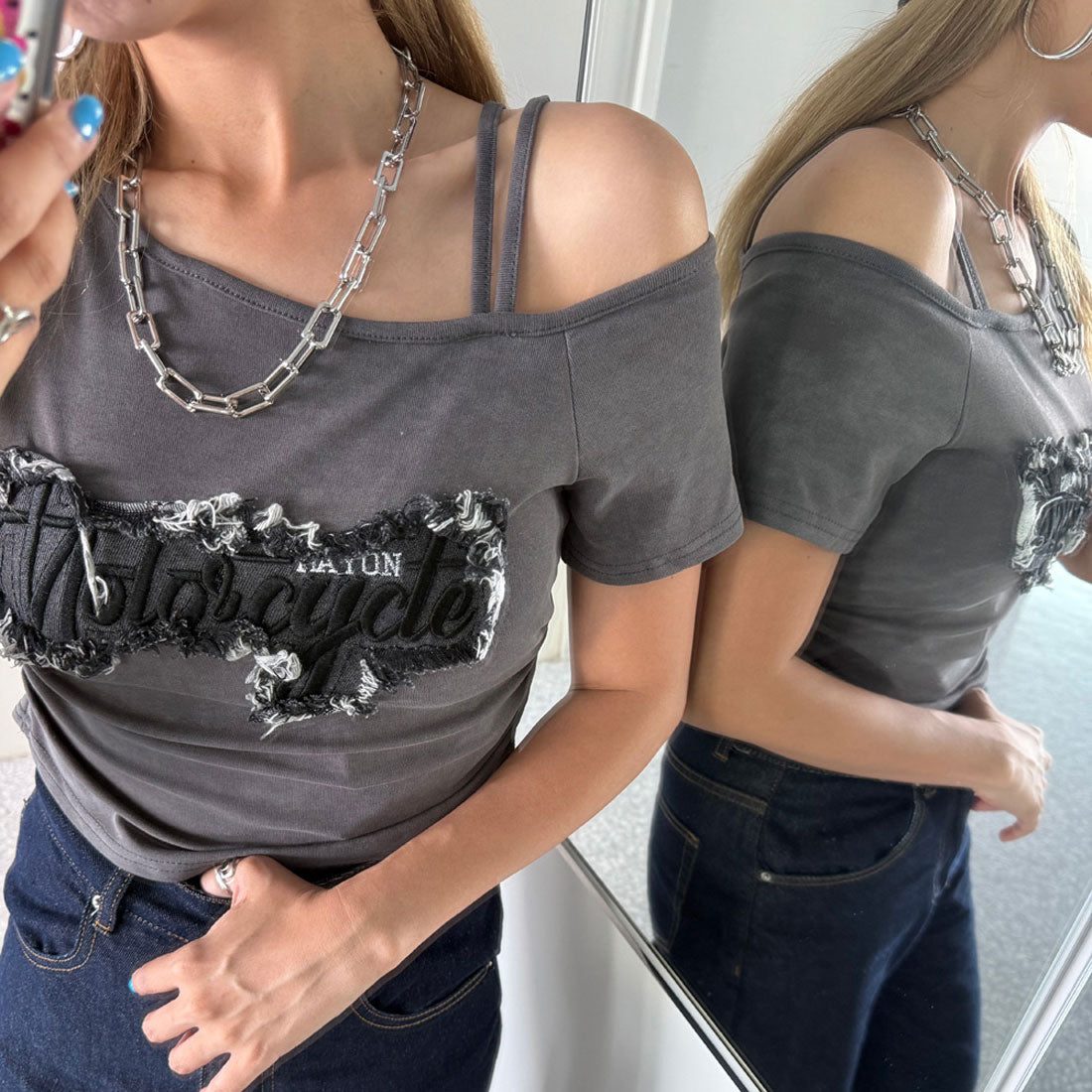 ノンヘッジ non-hedge デニムロゴワンショルダーTシャツ （ブラック） ブラック