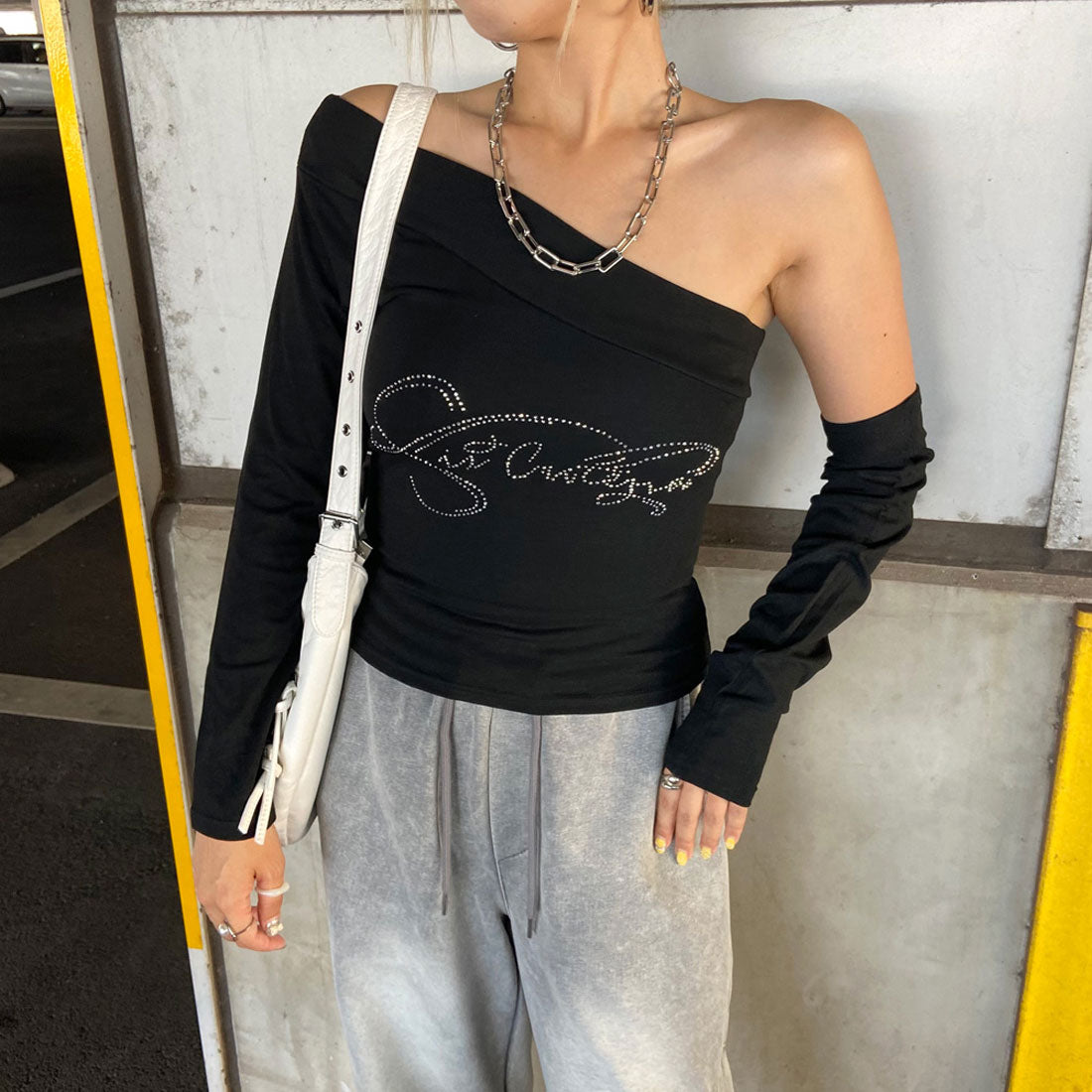 ノンヘッジ non-hedge ワンショルストーンロゴアームウォーマーTシャツ （グレー） グレー