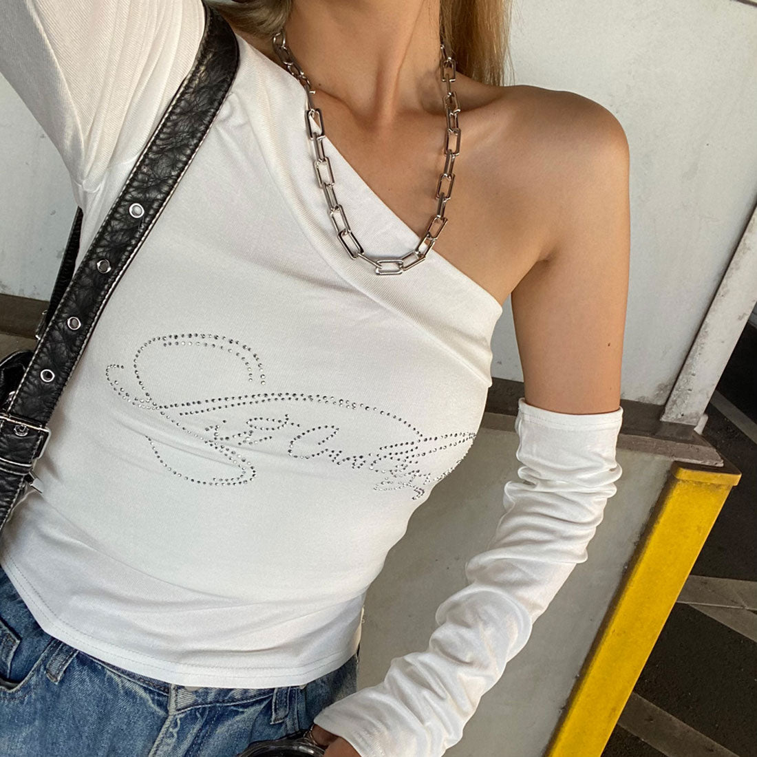 ノンヘッジ non-hedge ワンショルストーンロゴアームウォーマーTシャツ （グレー） グレー