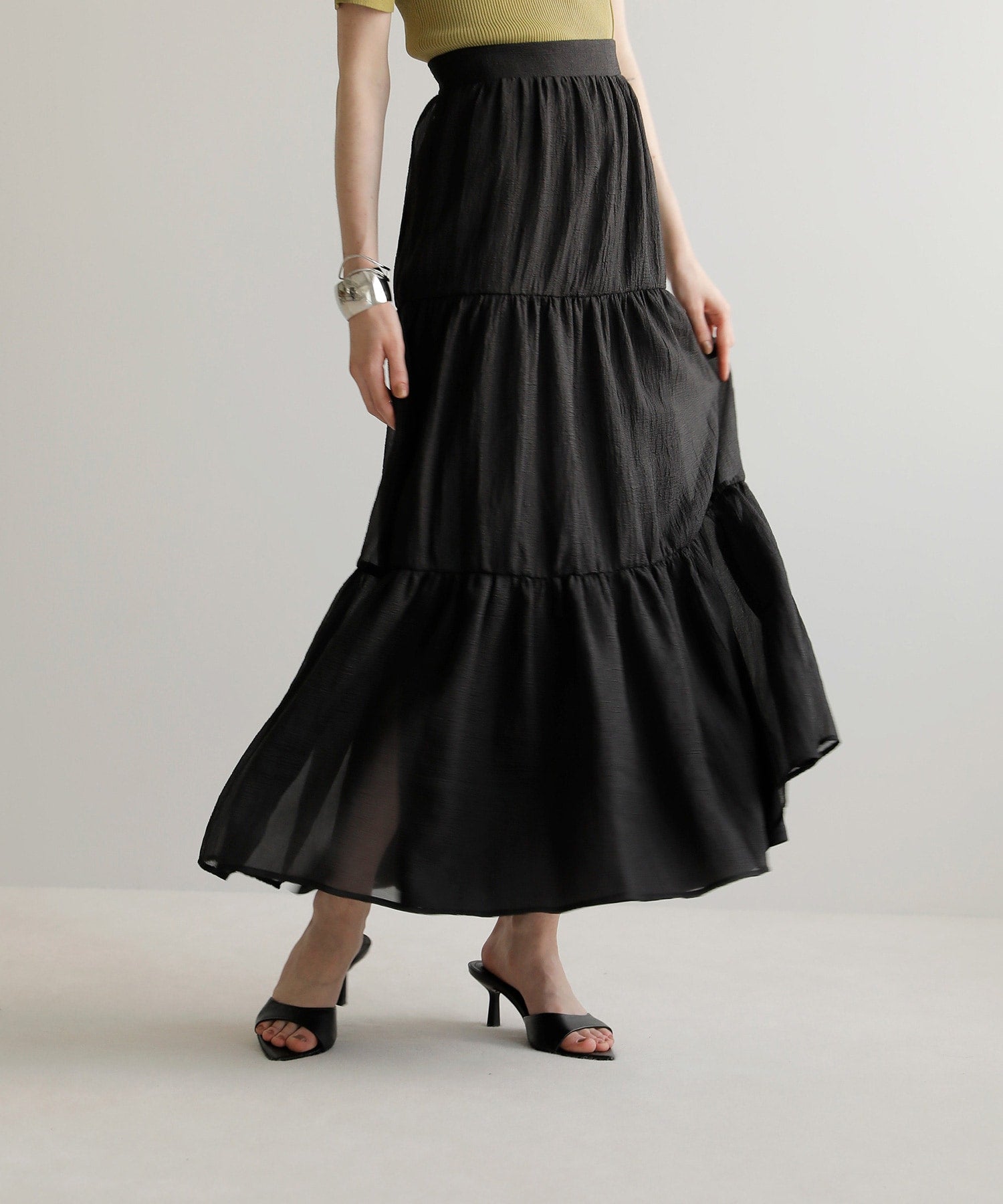 ミエリ インヴァリアント MIELI INVARIANT Sheer Tiered Washer Skirt,BLACK