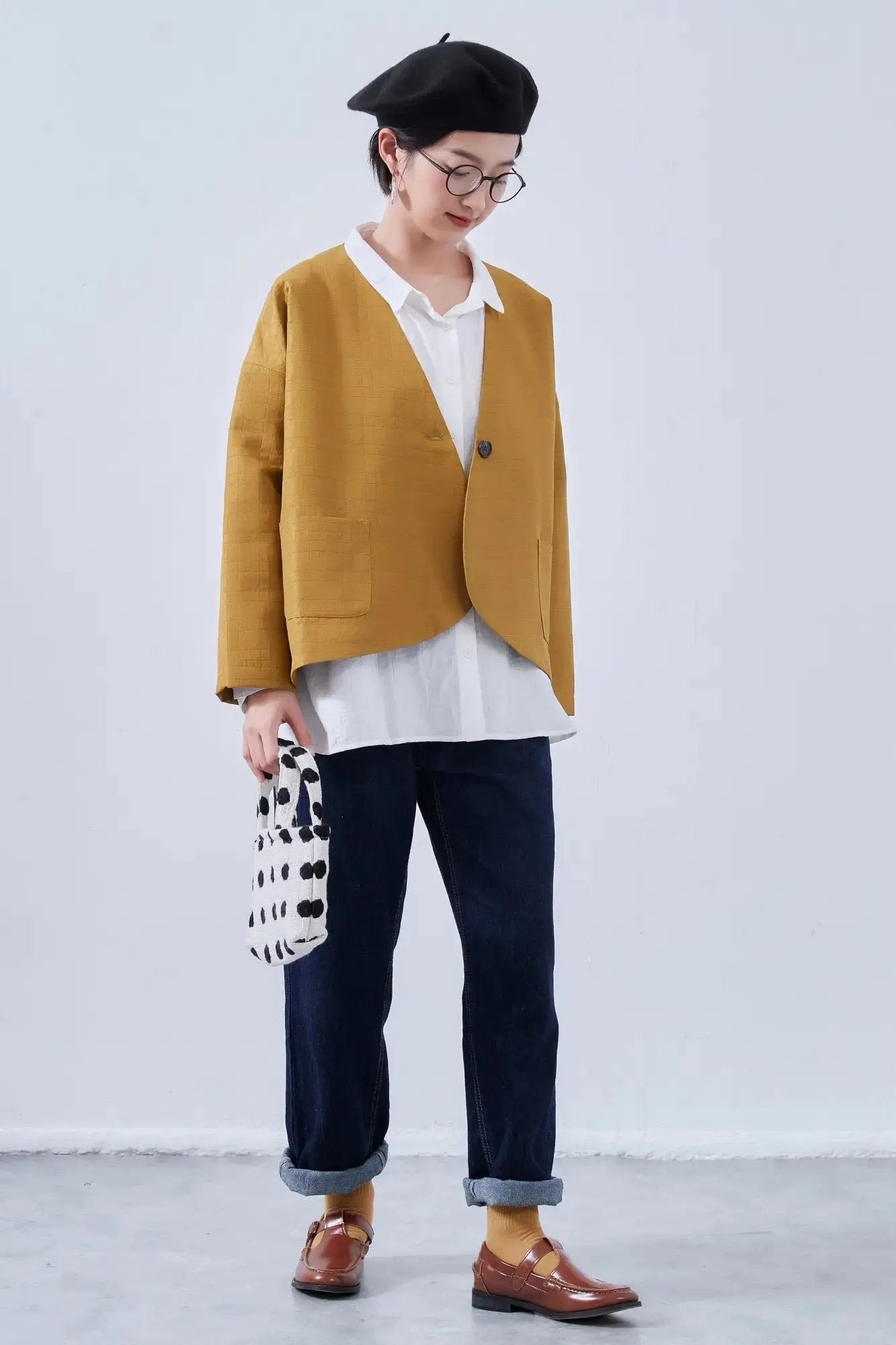 オンワンズオン On One's Own ラウンドヘム・ノーカラー・キルティング風ジャケット・春秋長袖アウター （MUSTARD） MUSTARD