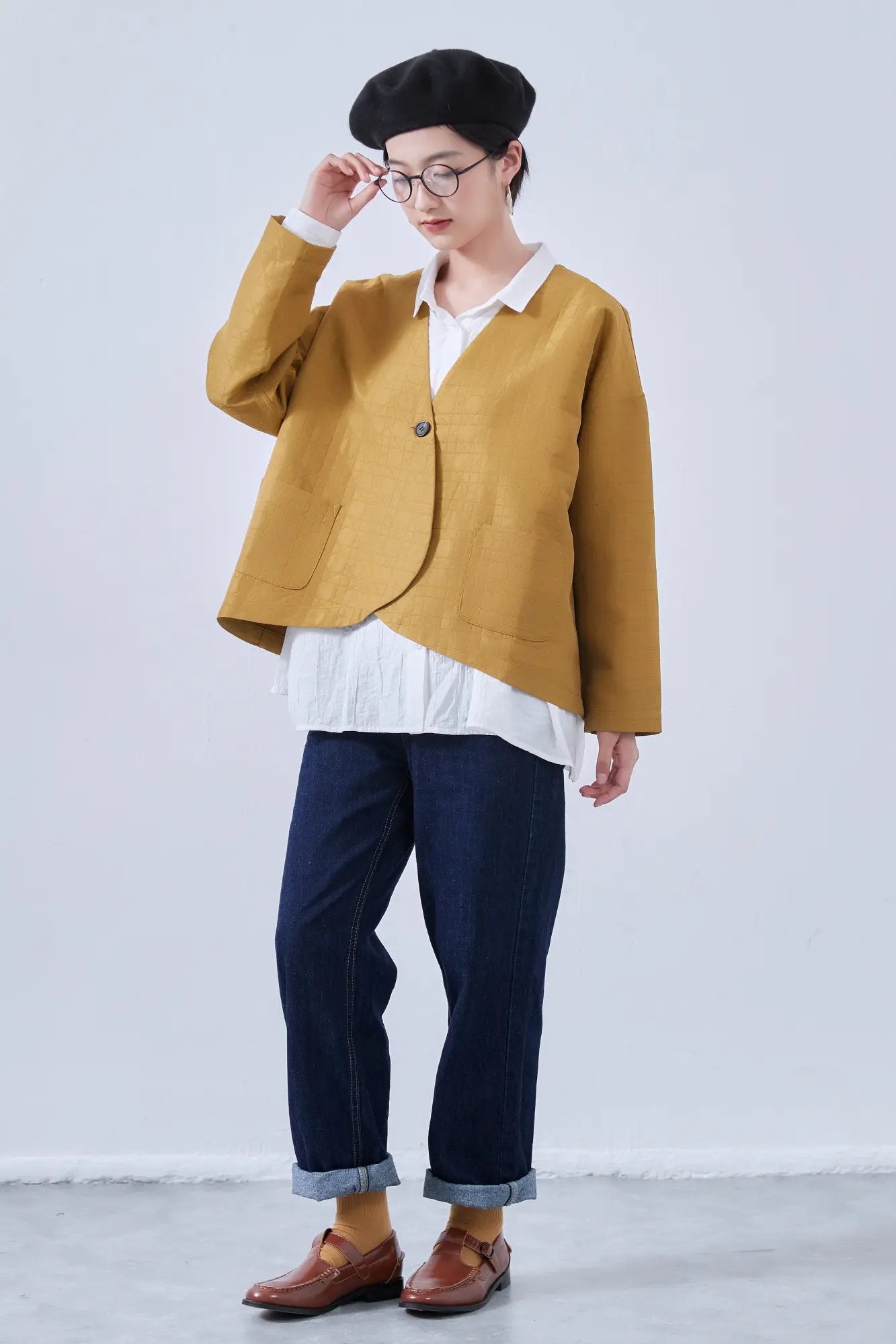 オンワンズオン On One's Own ラウンドヘム・ノーカラー・キルティング風ジャケット・春秋長袖アウター （MUSTARD） MUSTARD