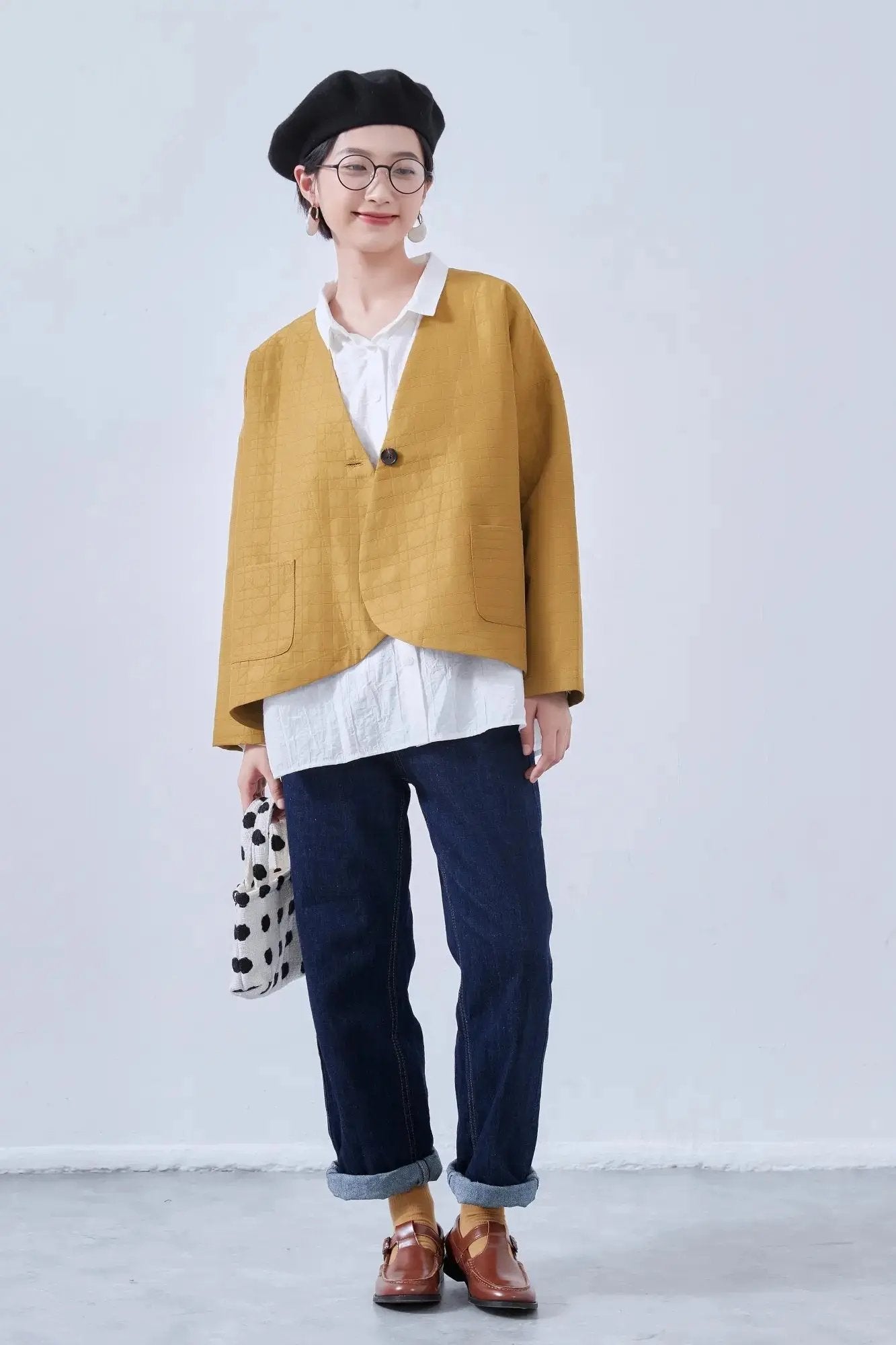 オンワンズオン On One's Own ラウンドヘム・ノーカラー・キルティング風ジャケット・春秋長袖アウター （MUSTARD） MUSTARD