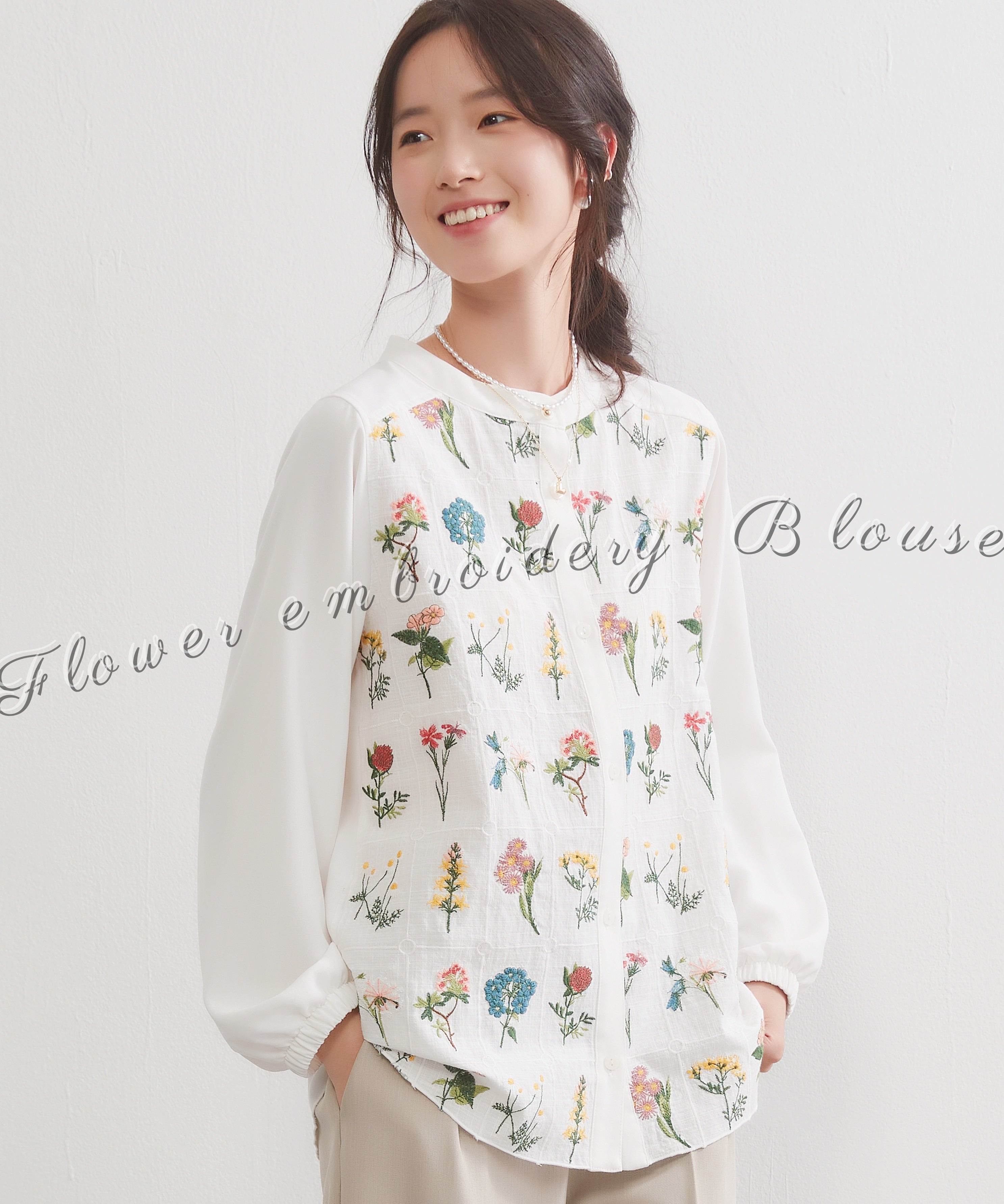 オンワンズオン On One's Own フローラルガーデン花柄刺繍長袖ブラウス （WHITE） WHITE
