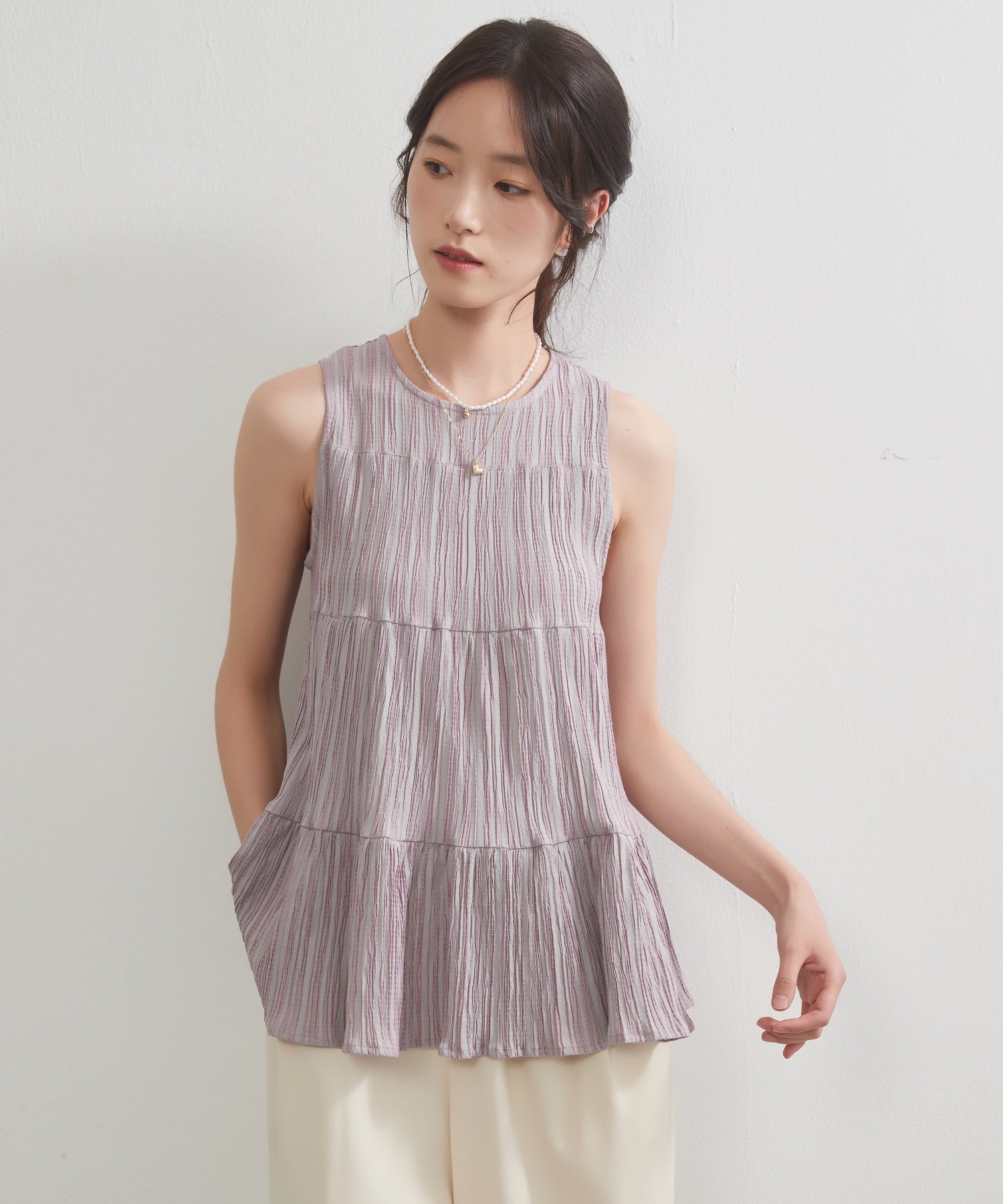 オンワンズオン On One's Own ティアードノースリーブフレアトップ （PINK） PINK