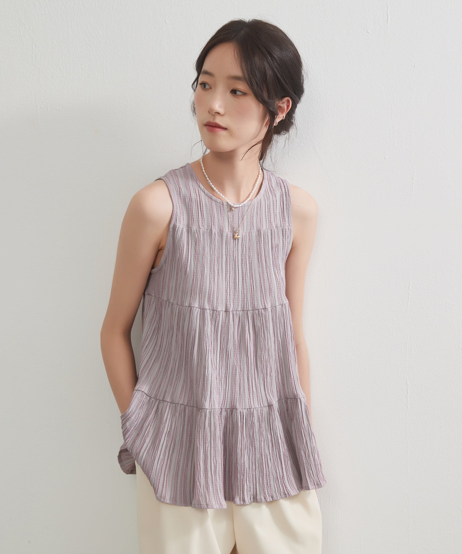 オンワンズオン On One's Own ティアードノースリーブフレアトップ （PINK） PINK