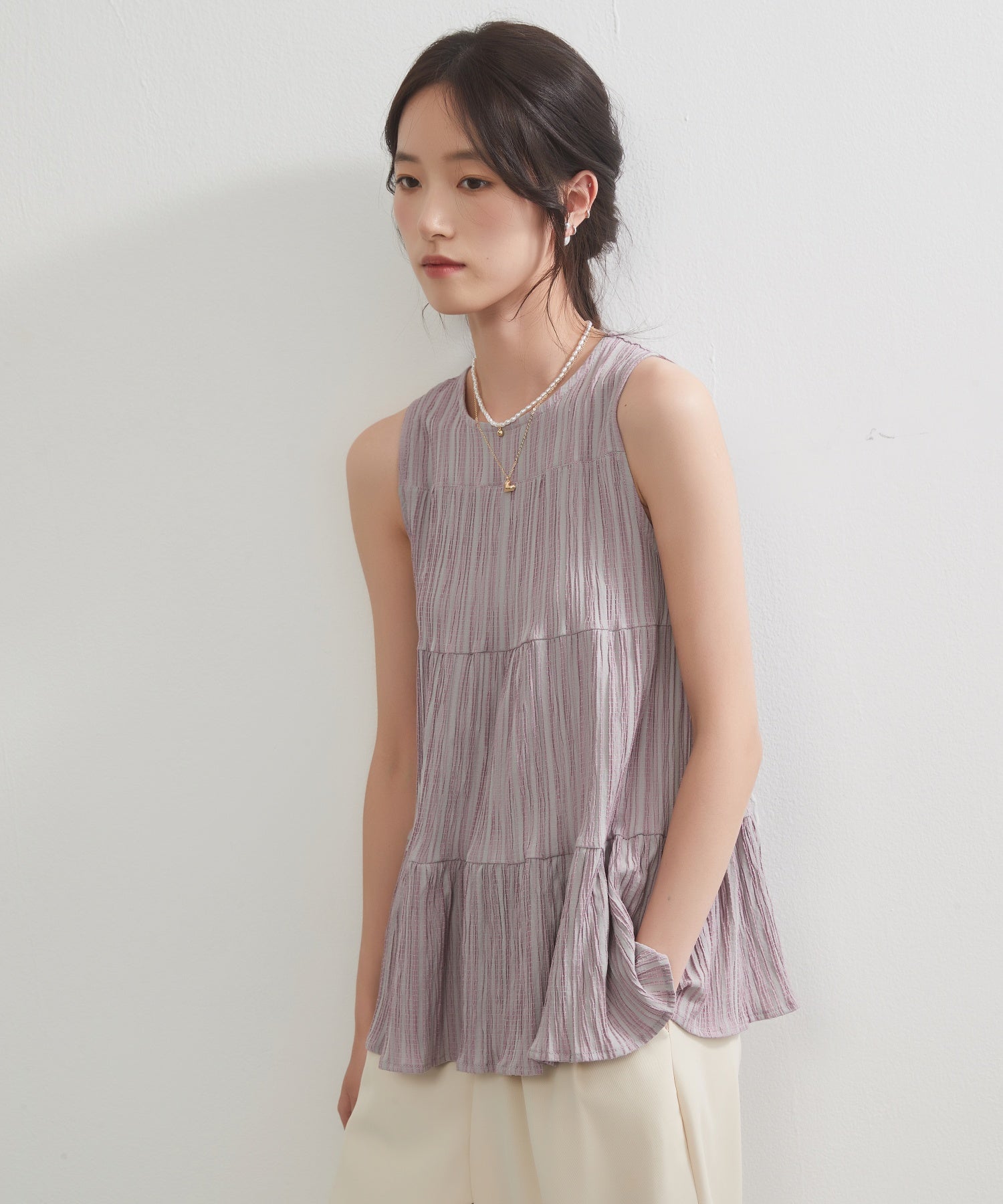 オンワンズオン On One's Own ティアードノースリーブフレアトップ （PINK） PINK