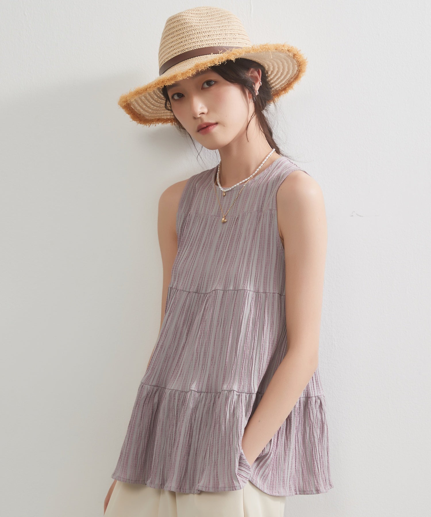 オンワンズオン On One's Own ティアードノースリーブフレアトップ （PINK） PINK