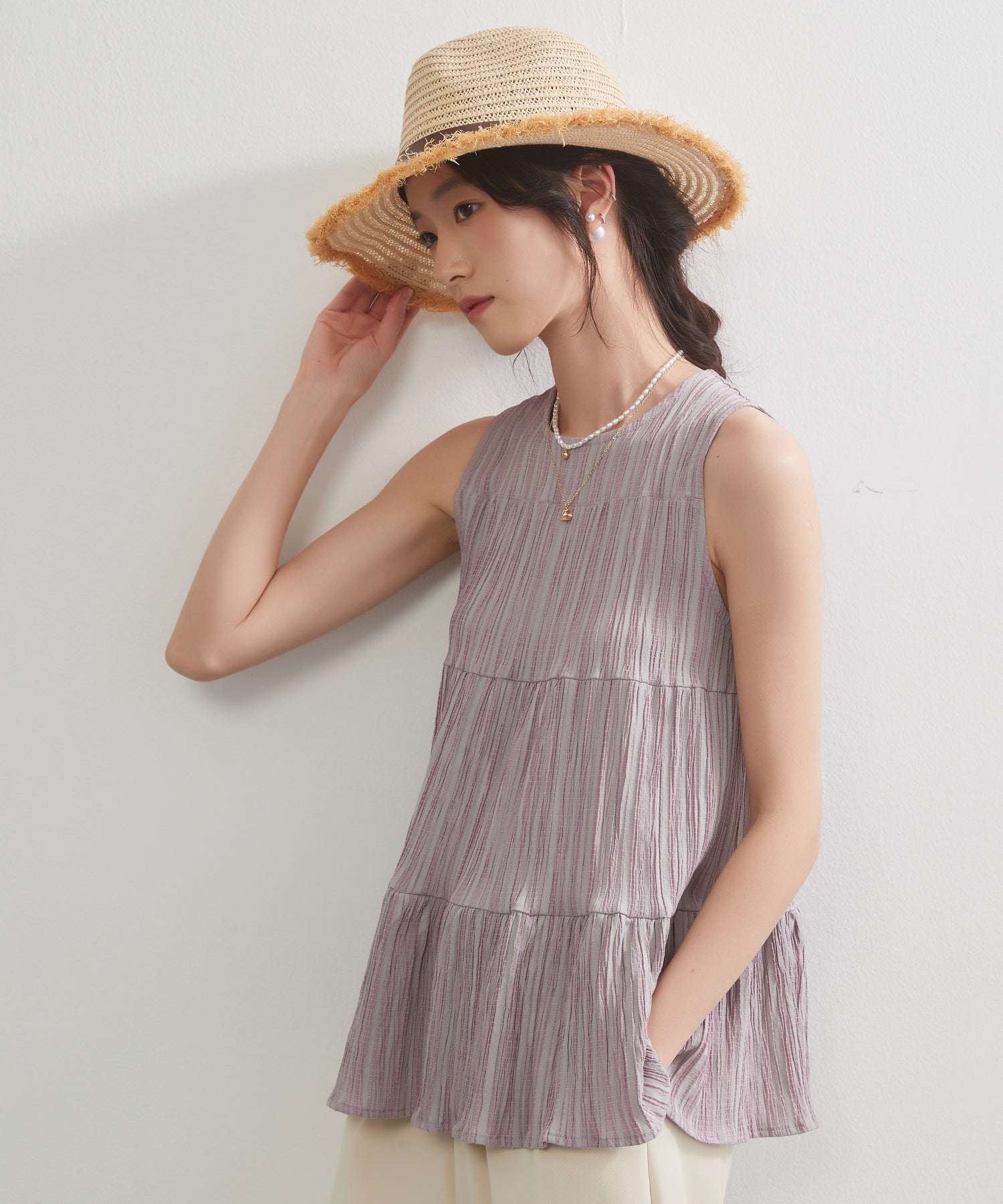 オンワンズオン On One's Own ティアードノースリーブフレアトップ （PINK） PINK