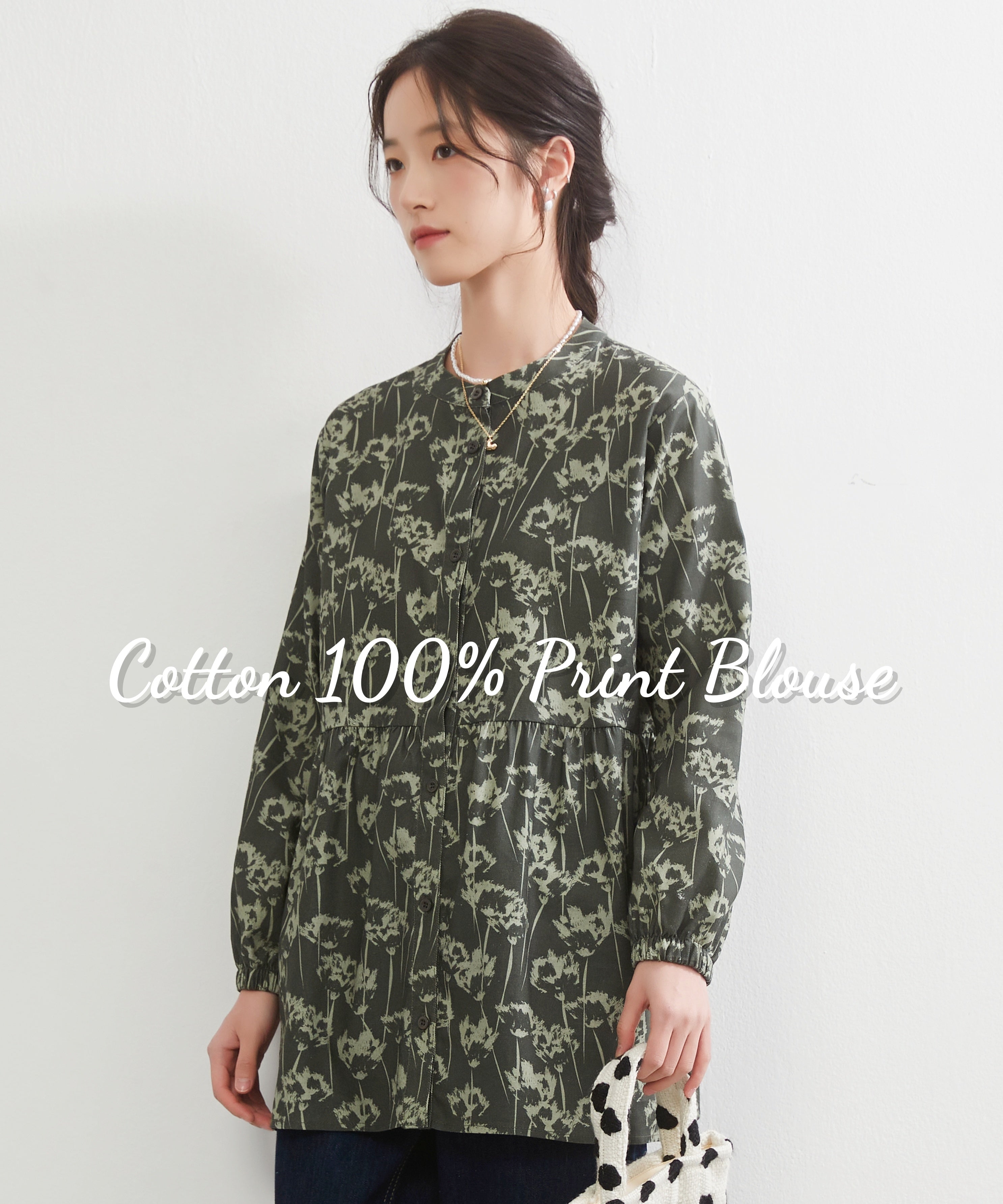 オンワンズオン On One's Own 綿100％深緑のプリントギャザー切替ブラウス （GREEN） GREEN