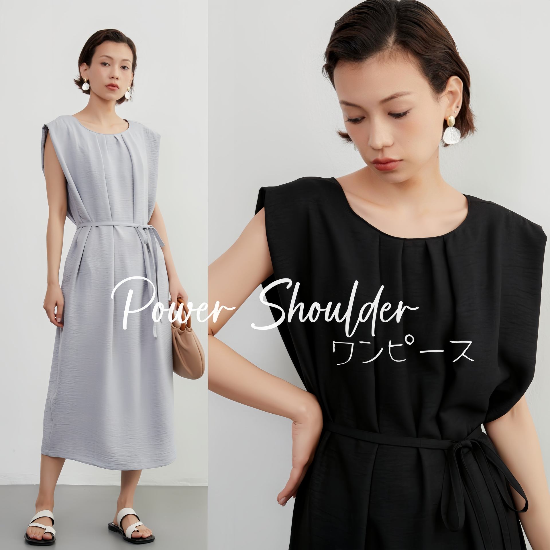 オンワンズオン On One's Own パワーショルダー・ワイドショルダー・タックワンピース・ベルトマーク・ノースリーブ