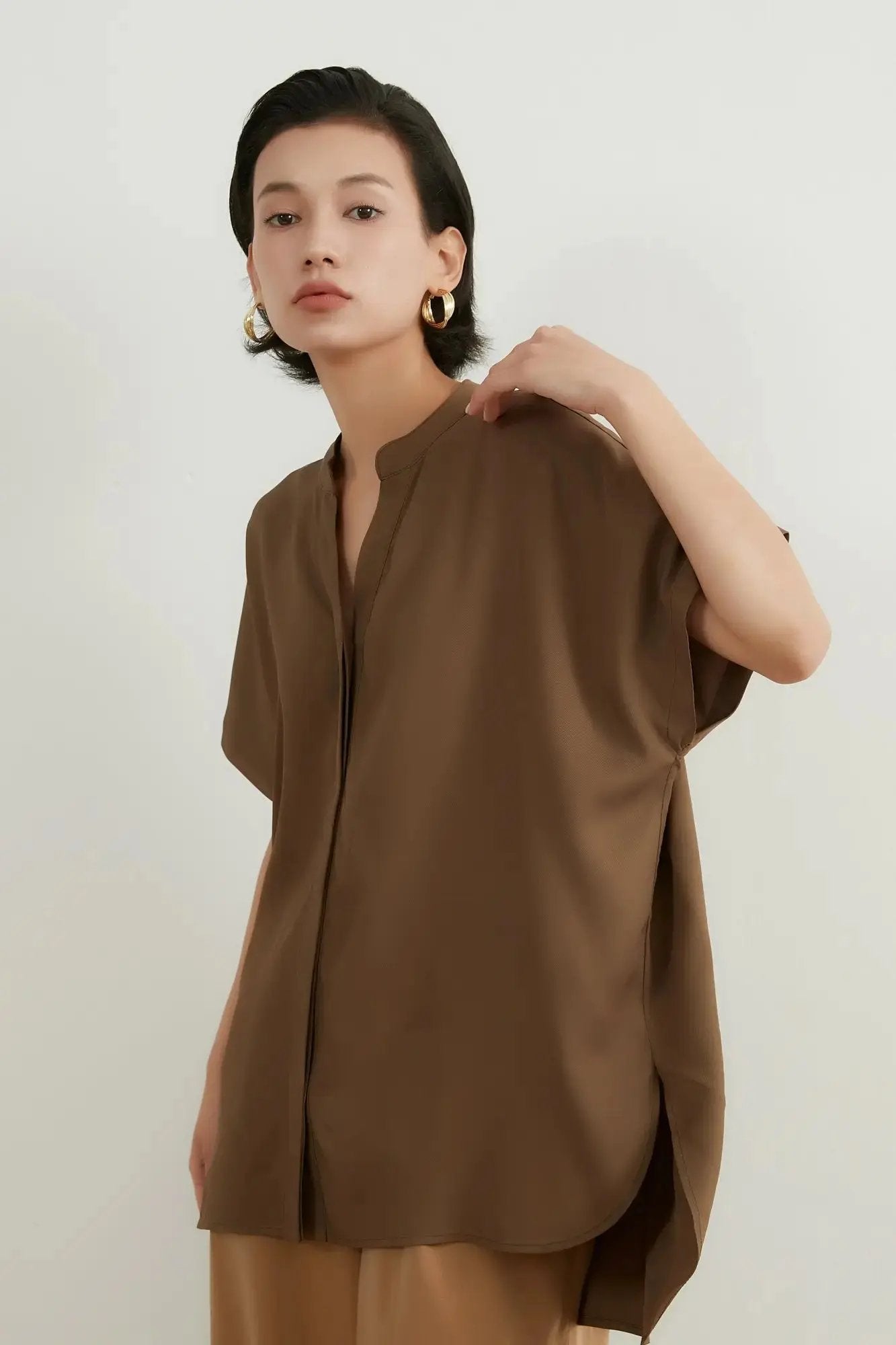 On One's Own Glossy Rayon Placket Half Sleeve Blouse