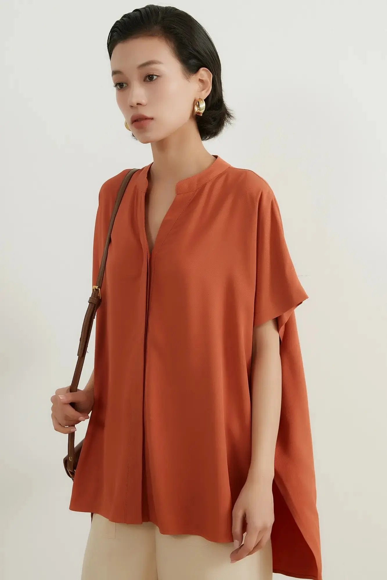 On One's Own Glossy Rayon Placket Half Sleeve Blouse