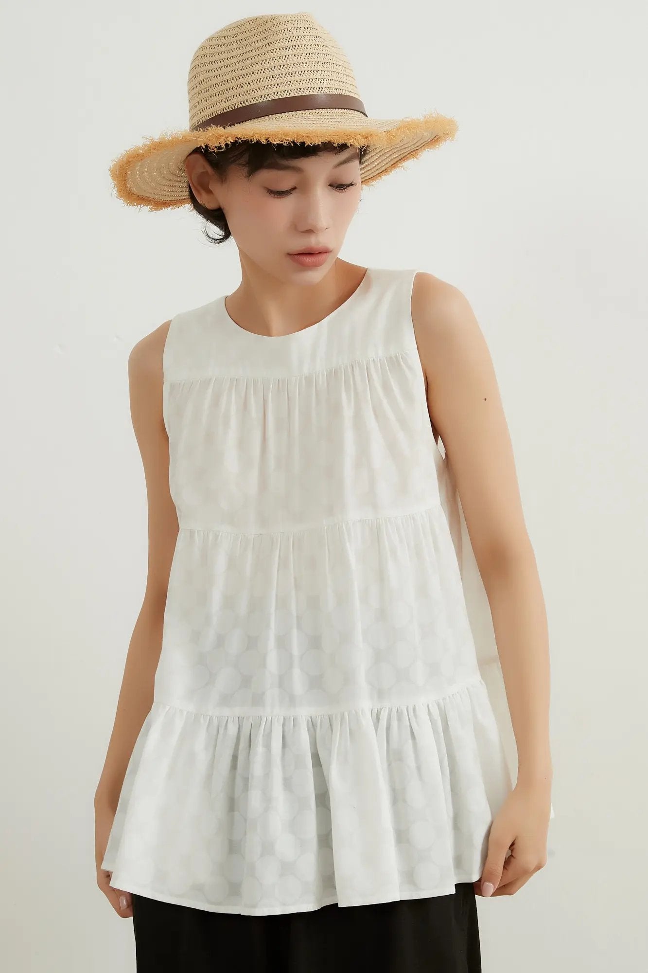 On One's Own Shadow Polka Dot Cotton Sleeveless Tiered Top