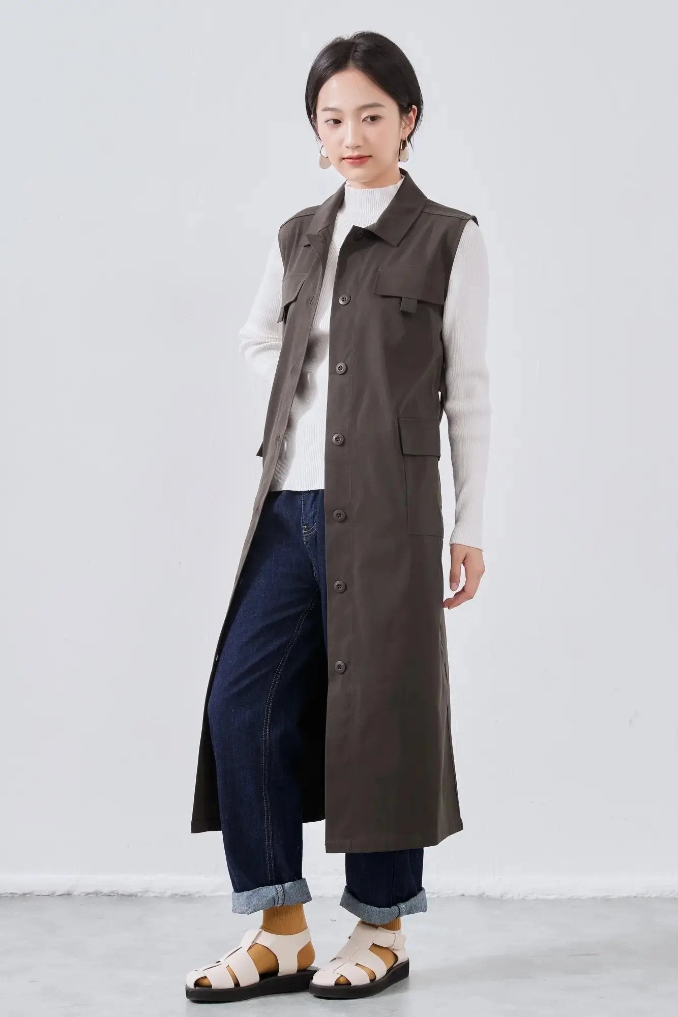 On One's Own Military Long Vest - Military Style One-Piece - Workman Vest - Big Pockets - With Belt