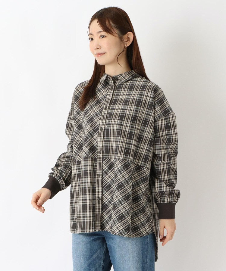ワンズテラス one'sterrace ◆コットンツイル チェック柄チュニックシャツ （チャコールグレー(913)） チャコールグレー(913)